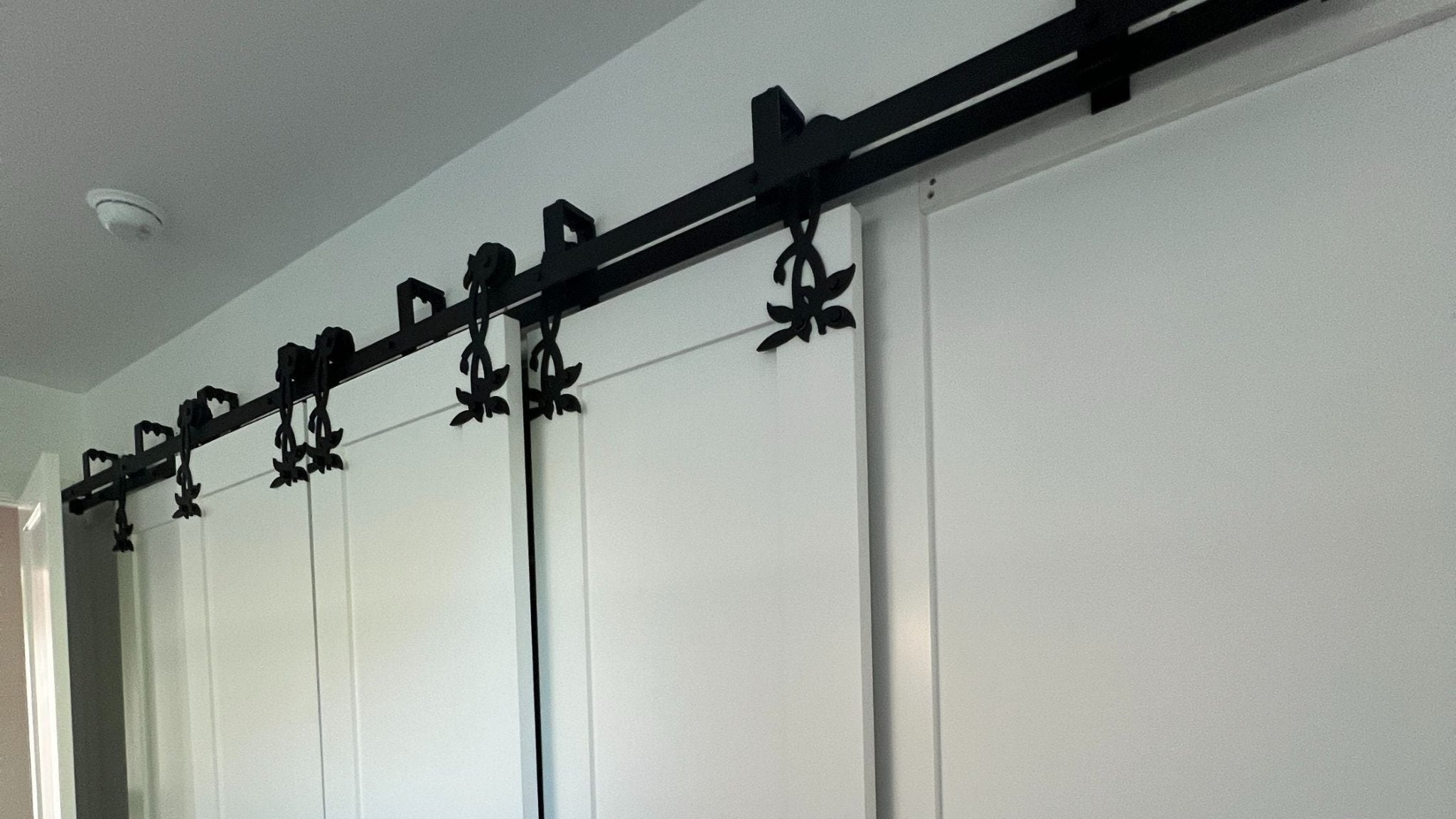 Barn door hardware on a white sliding door in a room with a ceiling light fixture.