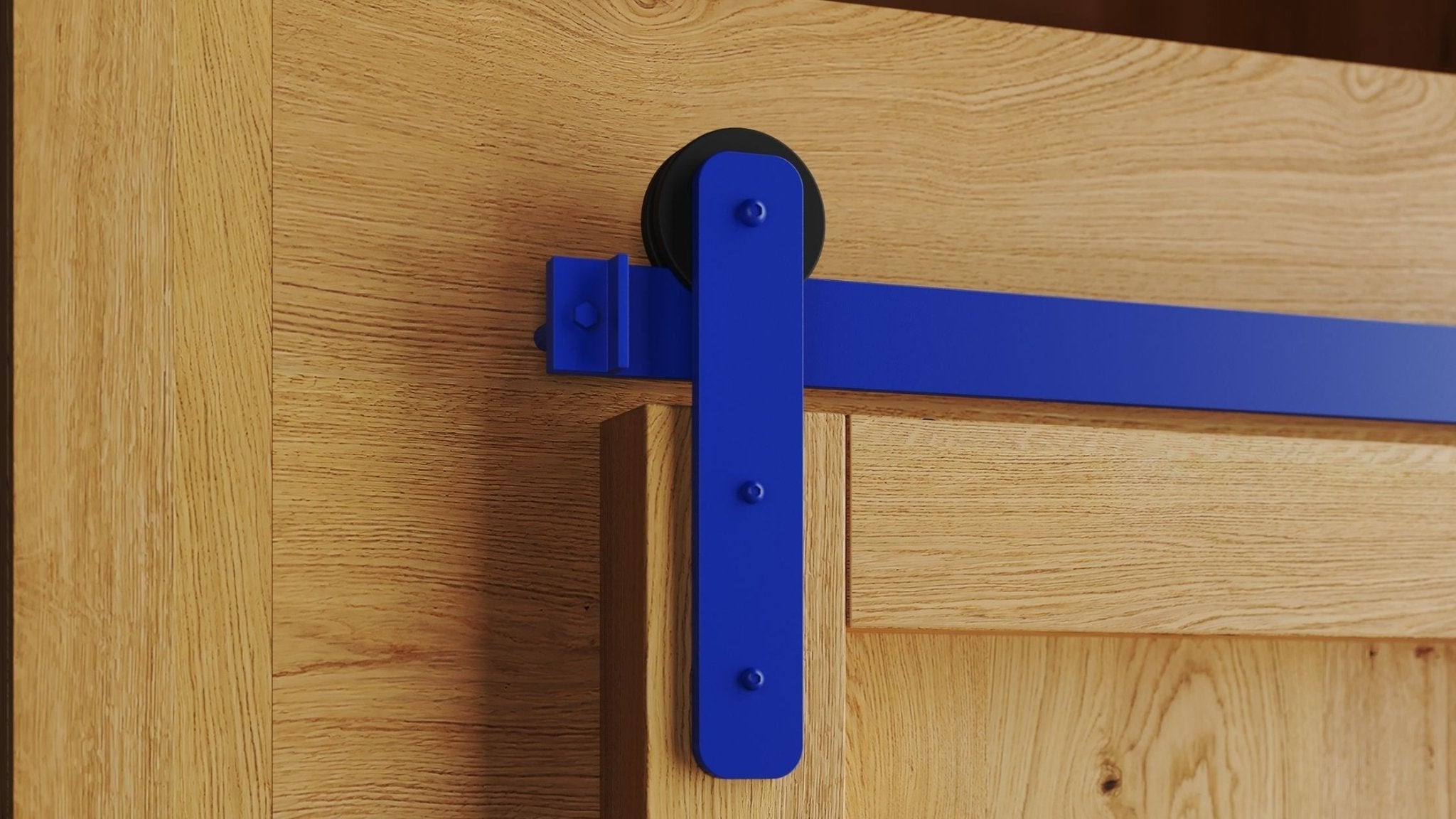 Blue sliding door track system on a wooden door