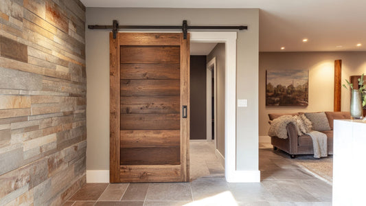 Rustic interior sliding barn door made of horizontal wood planks with a dark stain, installed on a black overhead track in a hallway with a stone veneer wall.