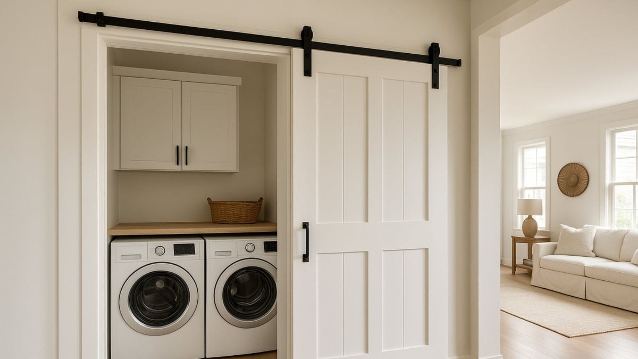 A white four-panel barn door with a shaker style frame, installed on black sliding hardware, partially covers a clean, modern laundry nook with a stackable washer and dryer and light cabinetry.