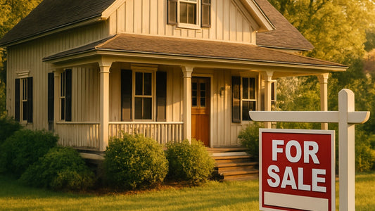 A classic farmhouse-style home with a covered front porch and a For Sale sign in the front yard.