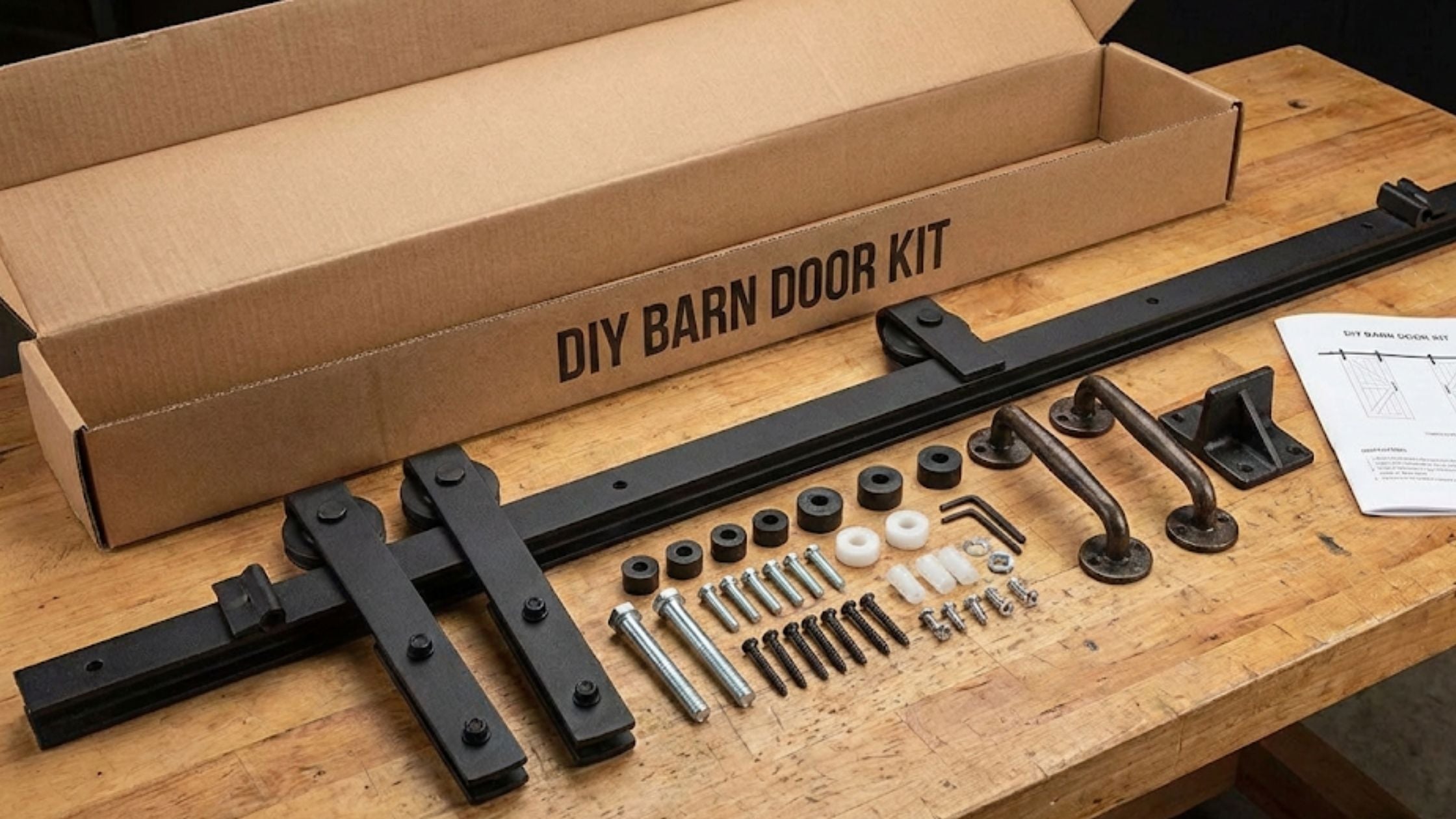 DIY barn door kit with hardware on a wooden table