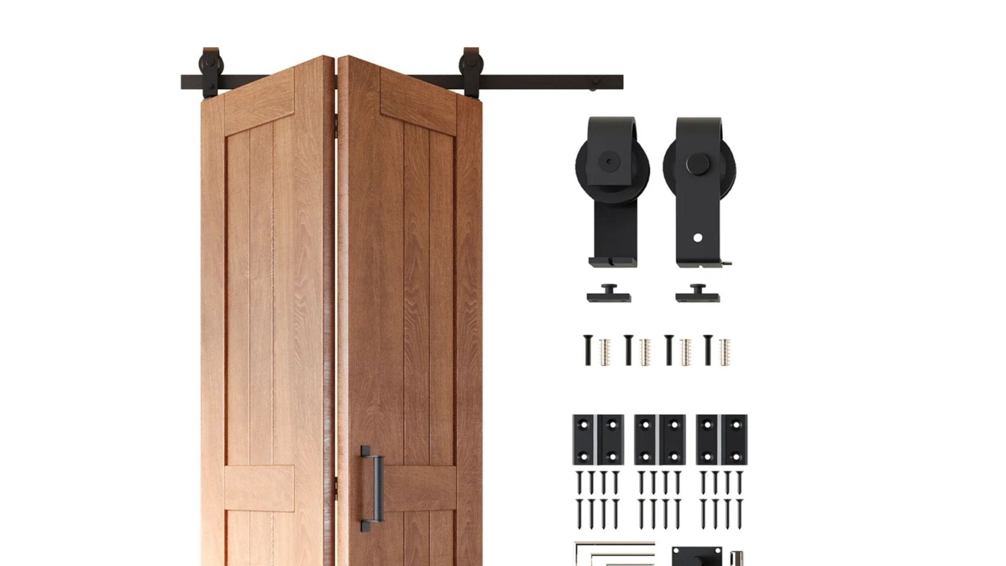 Complete bi-fold barn door kit featuring two partially folded light brown wood panels alongside the full set of black track, rollers, hinges, and mounting hardware.