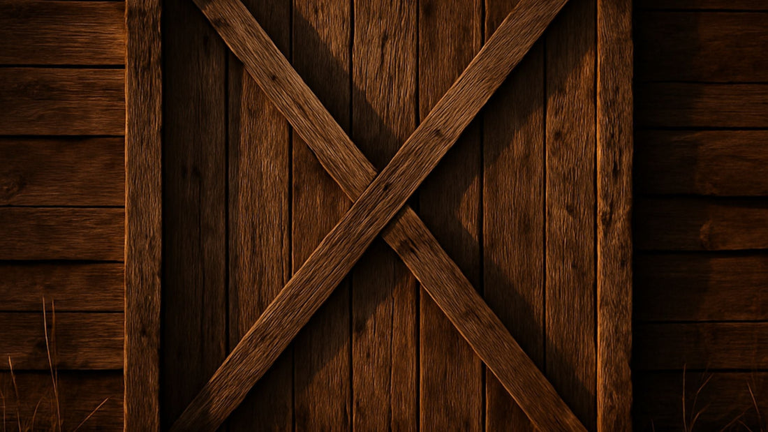 Close-up texture shot of a dark stained wood barn door featuring a classic X-brace design over vertical planks.