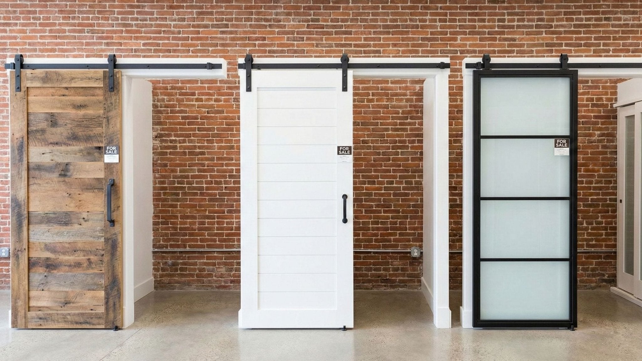 A bright, modern apartment interior featuring a light-oak barn door with horizontal planks and matte black hardware as a focal point.