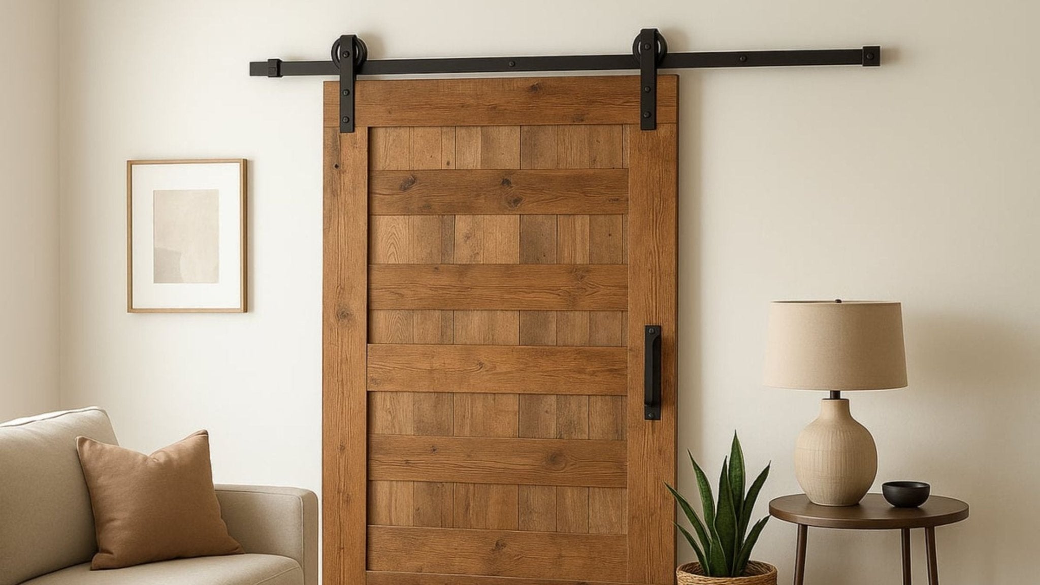 A closed rustic-style wooden sliding barn door featuring horizontal planks and black track hardware, centered in a neutral-toned room with a lamp, a snake plant, and a framed piece of minimalist art.