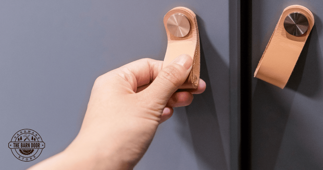 Close Up of Leather Barn Door Pulls