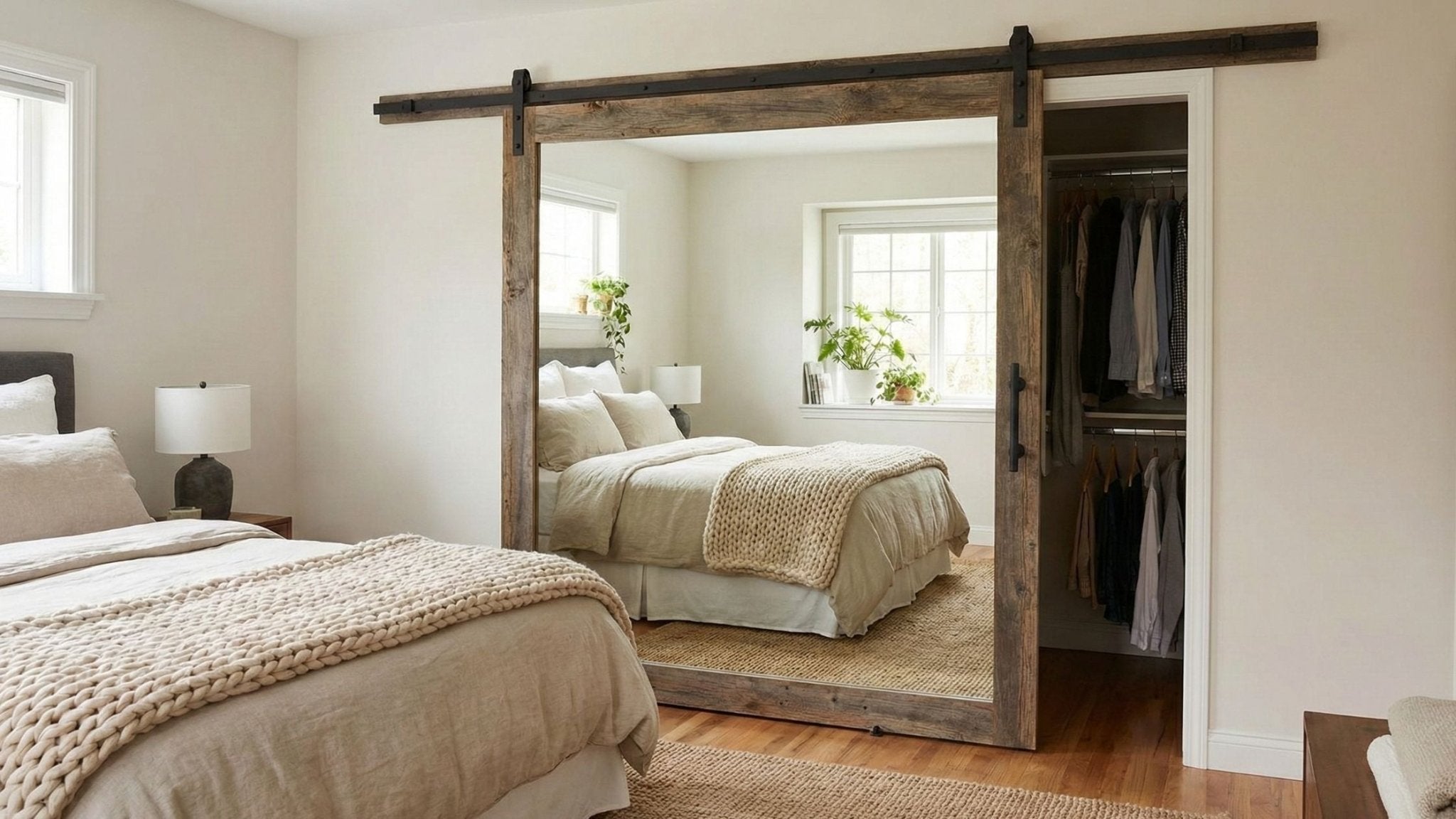 A photograph of a large, sliding barn door with a rustic, weathered wood frame and a full-length mirror panel, mounted on a dark metal track in a cozy bedroom.