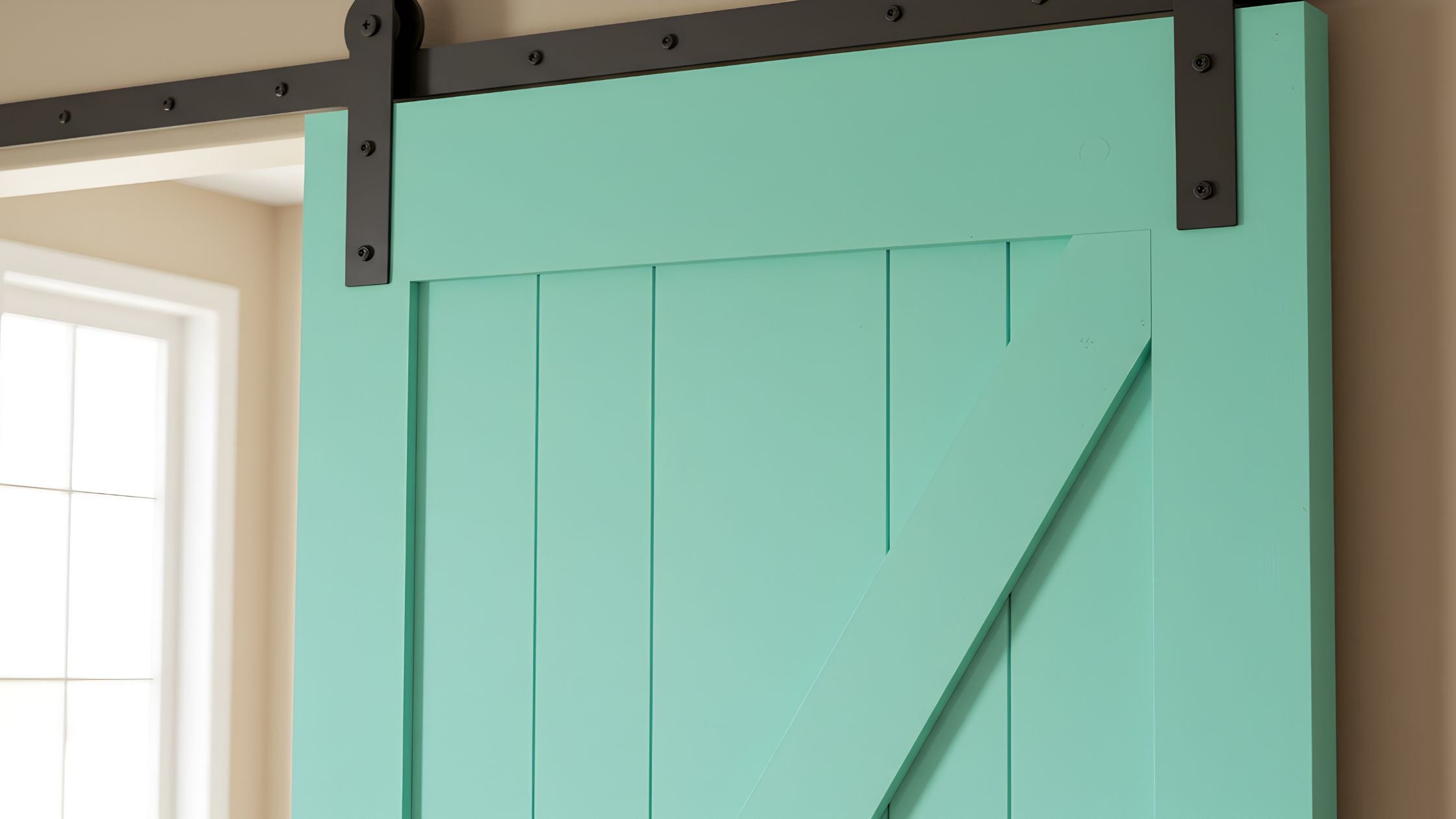 Close-up of a brightly painted mint green barn door with a diagonal Z-brace accent, installed using black flat strap single track hardware.