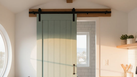 A rustic light green wood panel barn door with a black top-mount track and a soft-close mechanism, installed in a sunlit room with a round window.