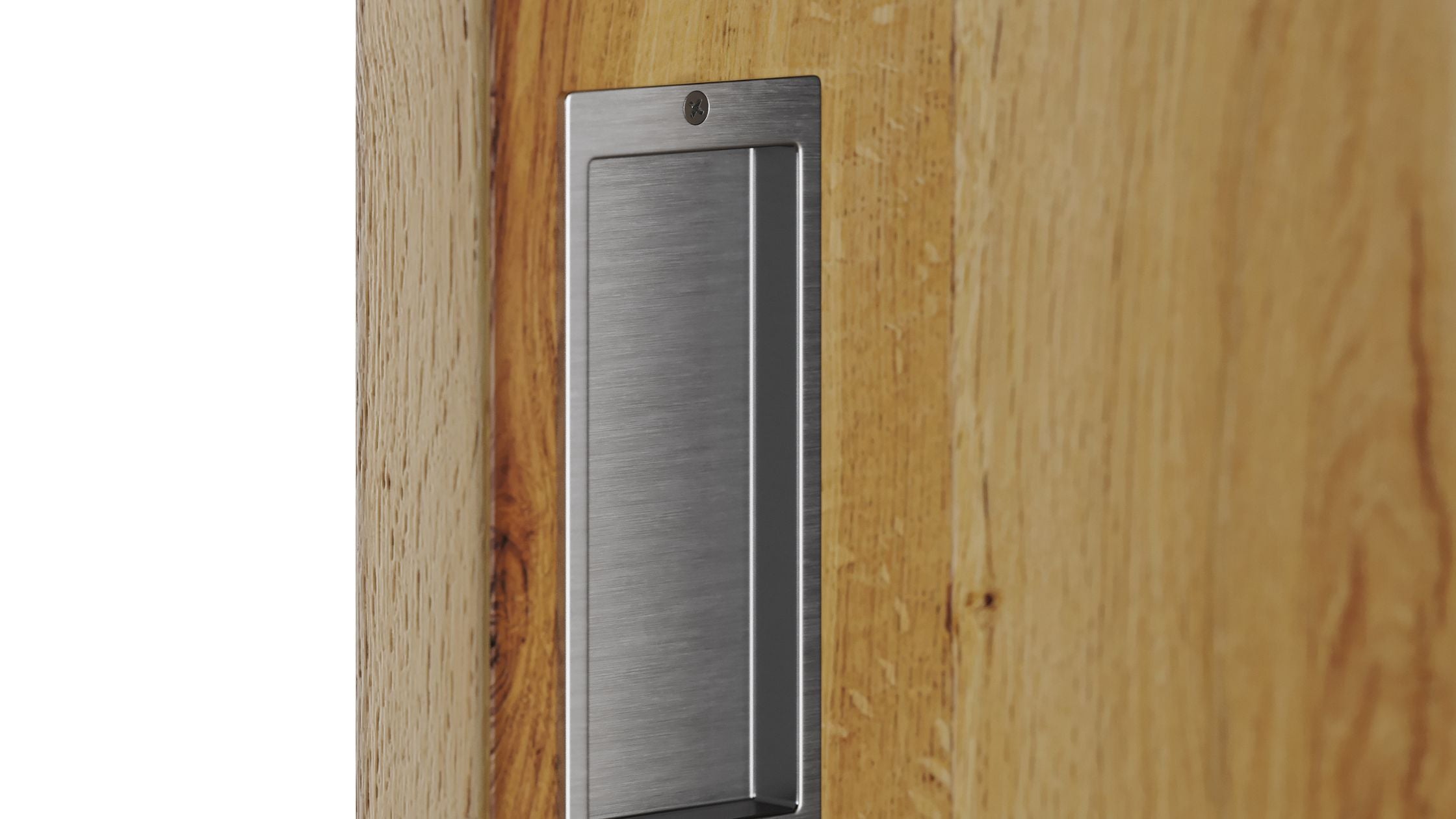 Close-up of a modern, rectangular brushed stainless steel flush pull handle recessed into a light oak wood barn door.
