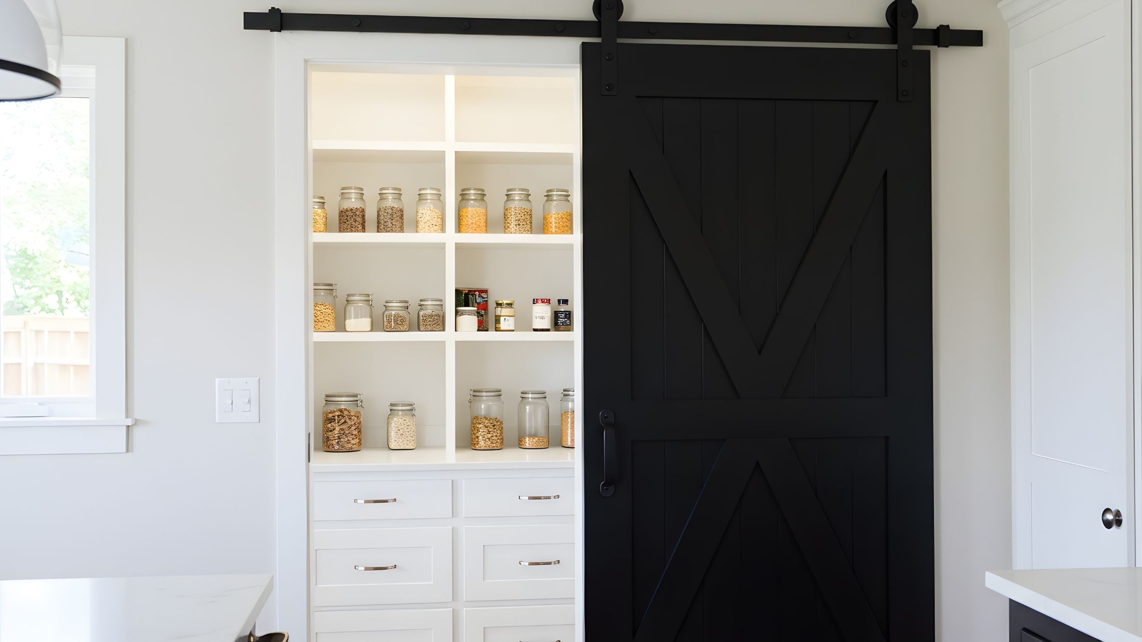A striking black barn door with an X-brace design, using black sliding hardware, partially covers a modern white pantry with shelves stocked with jars of grains and white shaker drawers.