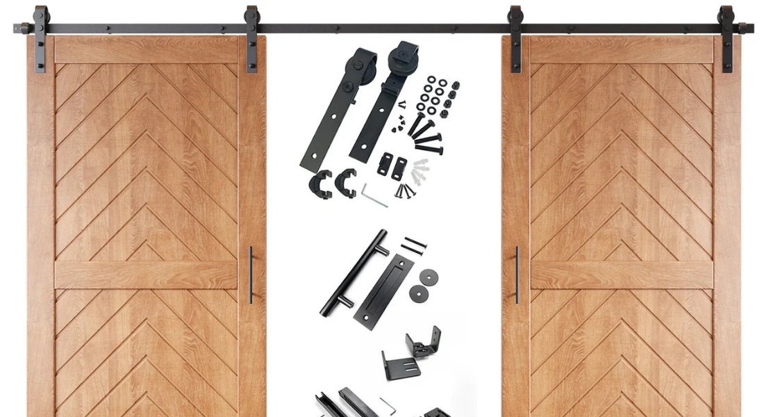 A complete barn door kit, featuring a wood door with a modern chevron pattern and all included black J-strap hardware components laid out for display.