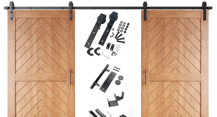 A complete barn door kit, featuring a wood door with a modern chevron pattern and all included black J-strap hardware components laid out for display.