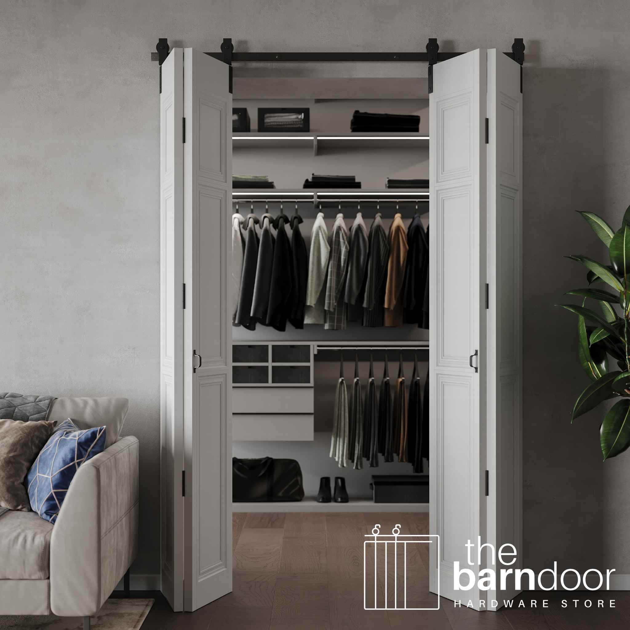 A close-up of a white bifold barn door system in a hallway, showcasing the hardware's functionality as the doors are partially folded.