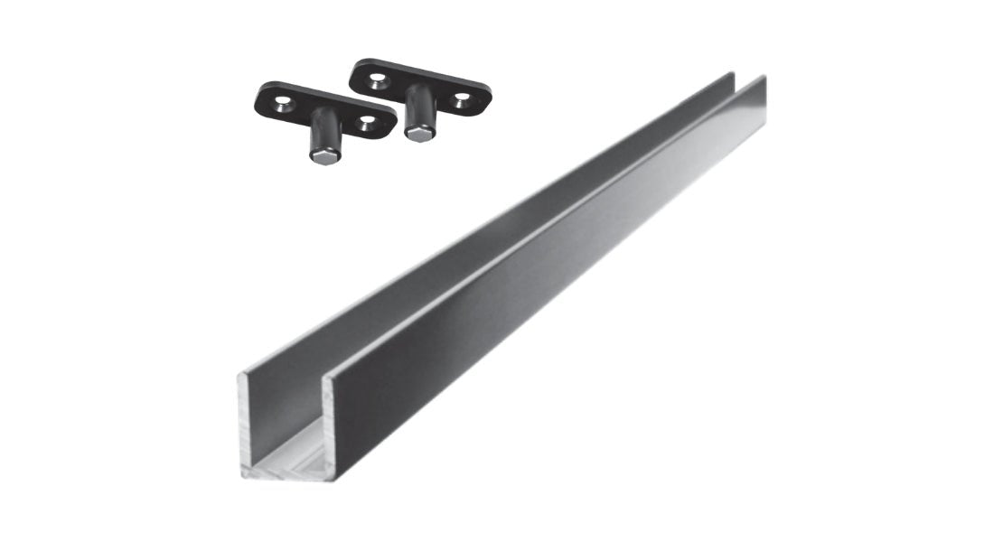 A close-up showcasing the solid steel construction and components of our barn door hardware accessories, including a U-shaped track and two cylindrical end stops in a matte black finish.