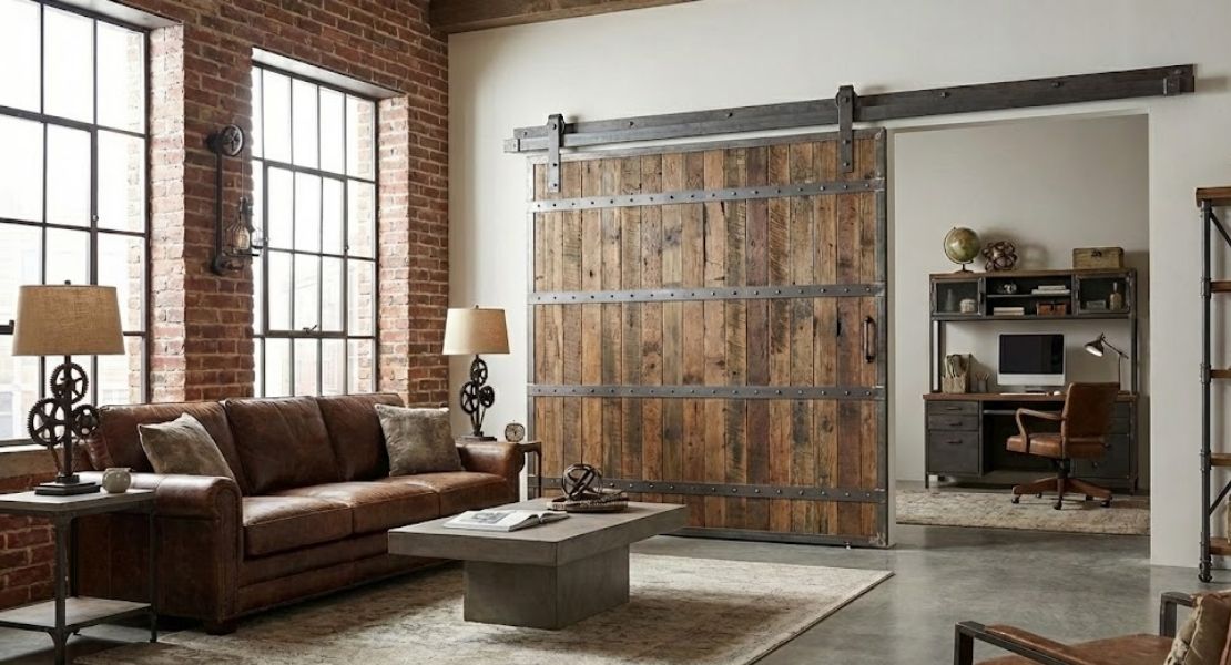 A heavy-duty industrial barn door made of dark, distressed wood slides on a raw steel track with J-strap hangers.