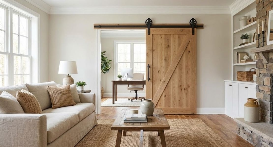A classic light modern farmhouse barn door featuring black matte hardware and a cross-brace design hangs in a cozy living room.