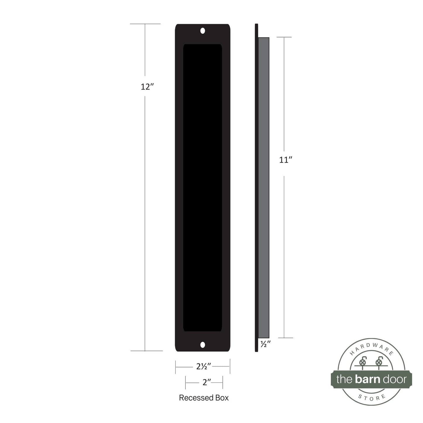 Image of a square corner flush pull handle, illustrating the the dimensions of the 12-inch pull.