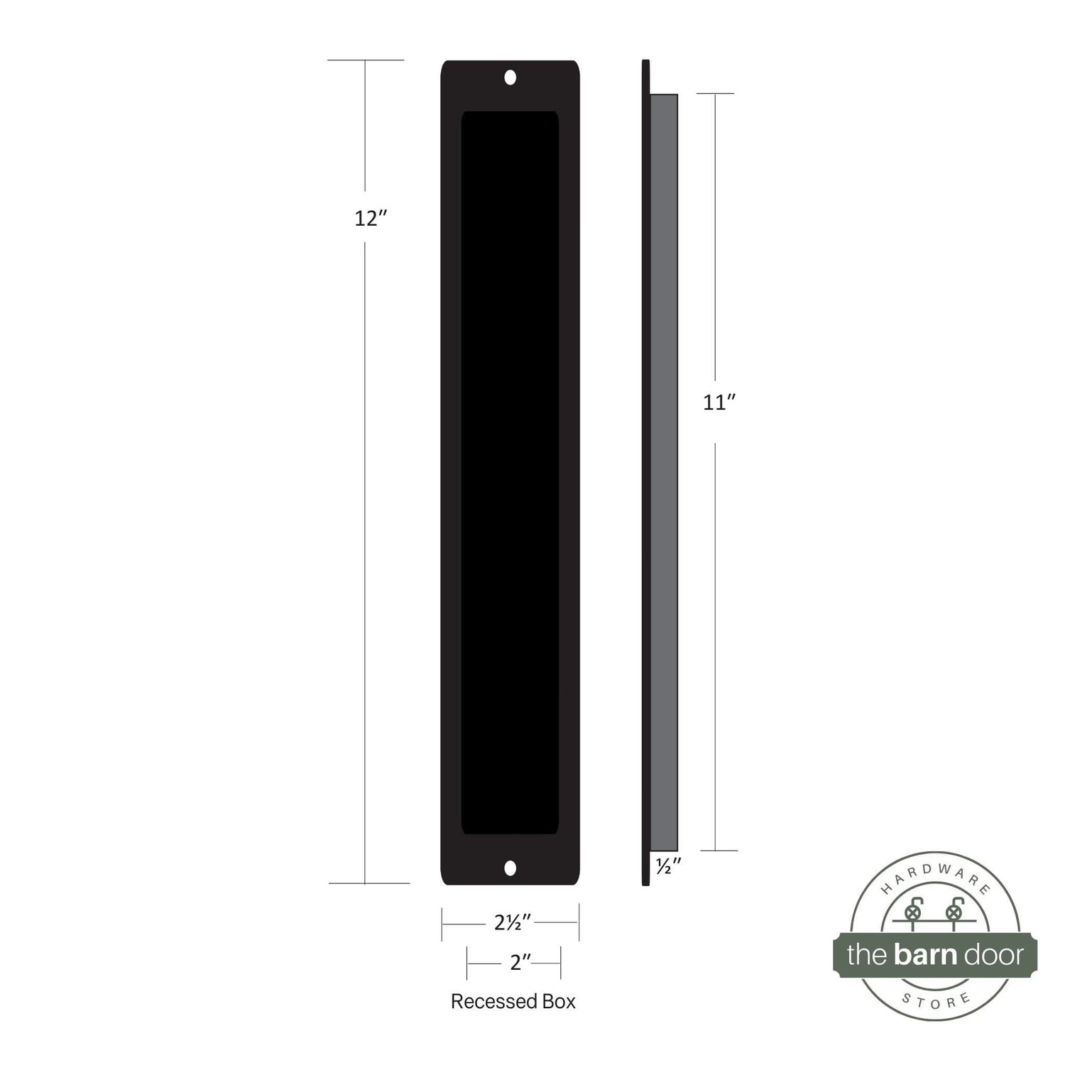 Image of a square corner flush pull handle, illustrating the the dimensions of the 12-inch pull.