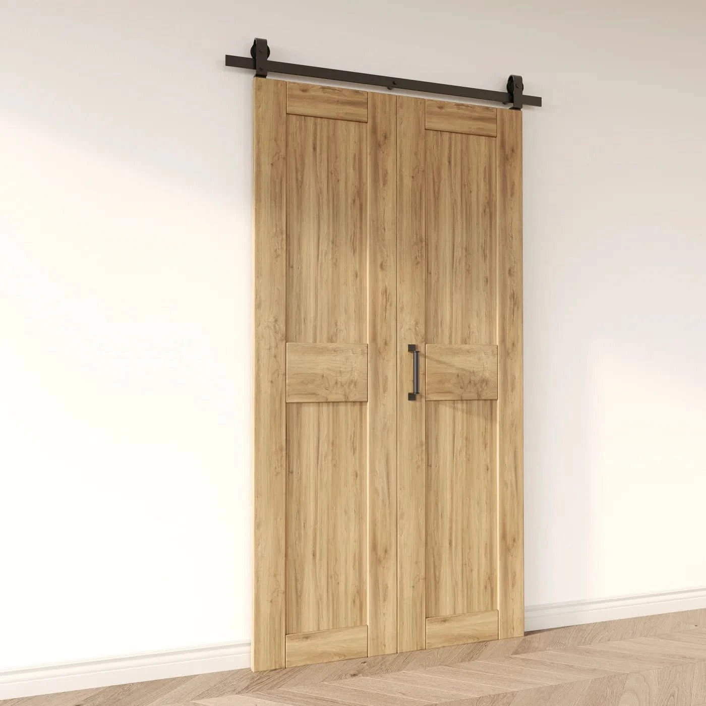 Two-panel bifold barn door unfinished, installed and fully closed in a modern interior, showing the top-mount Matte Black track.