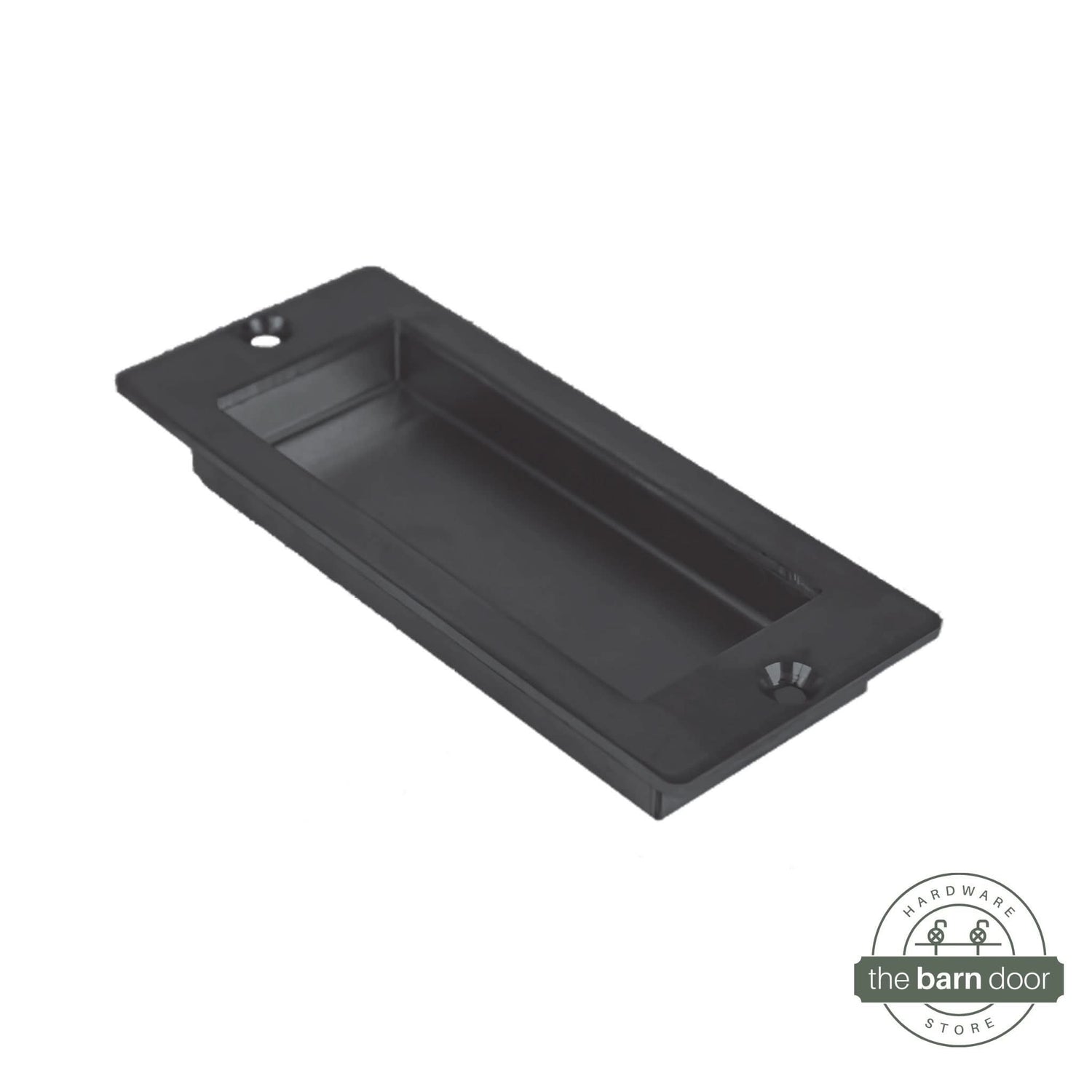 A close-up of a modern, rectangular flush pull handle with sharp, square corners, in a black finish.