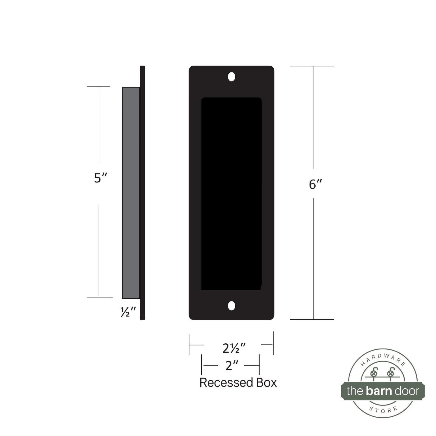 Image of a square corner flush pull handle, illustrating the the dimensions of the 6-inch pull.