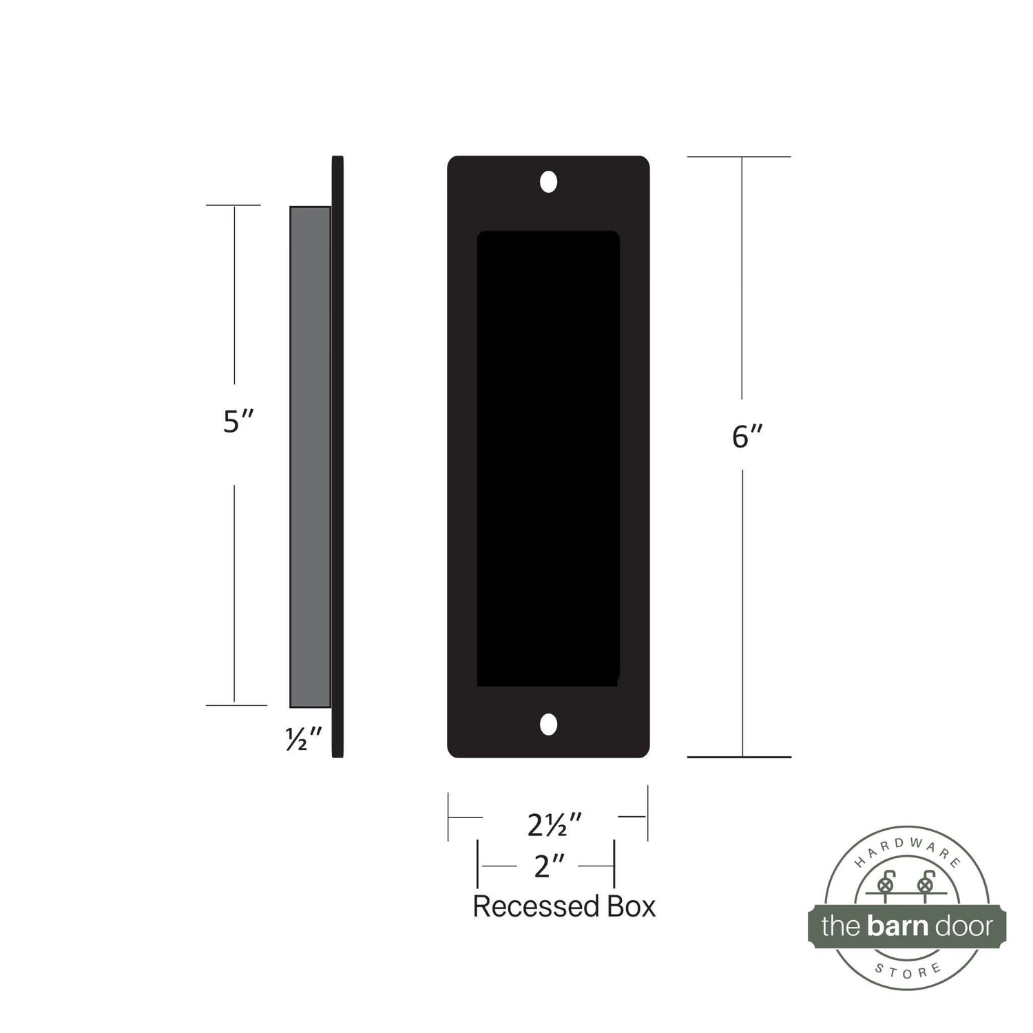 Image of a square corner flush pull handle, illustrating the the dimensions of the 6-inch pull.