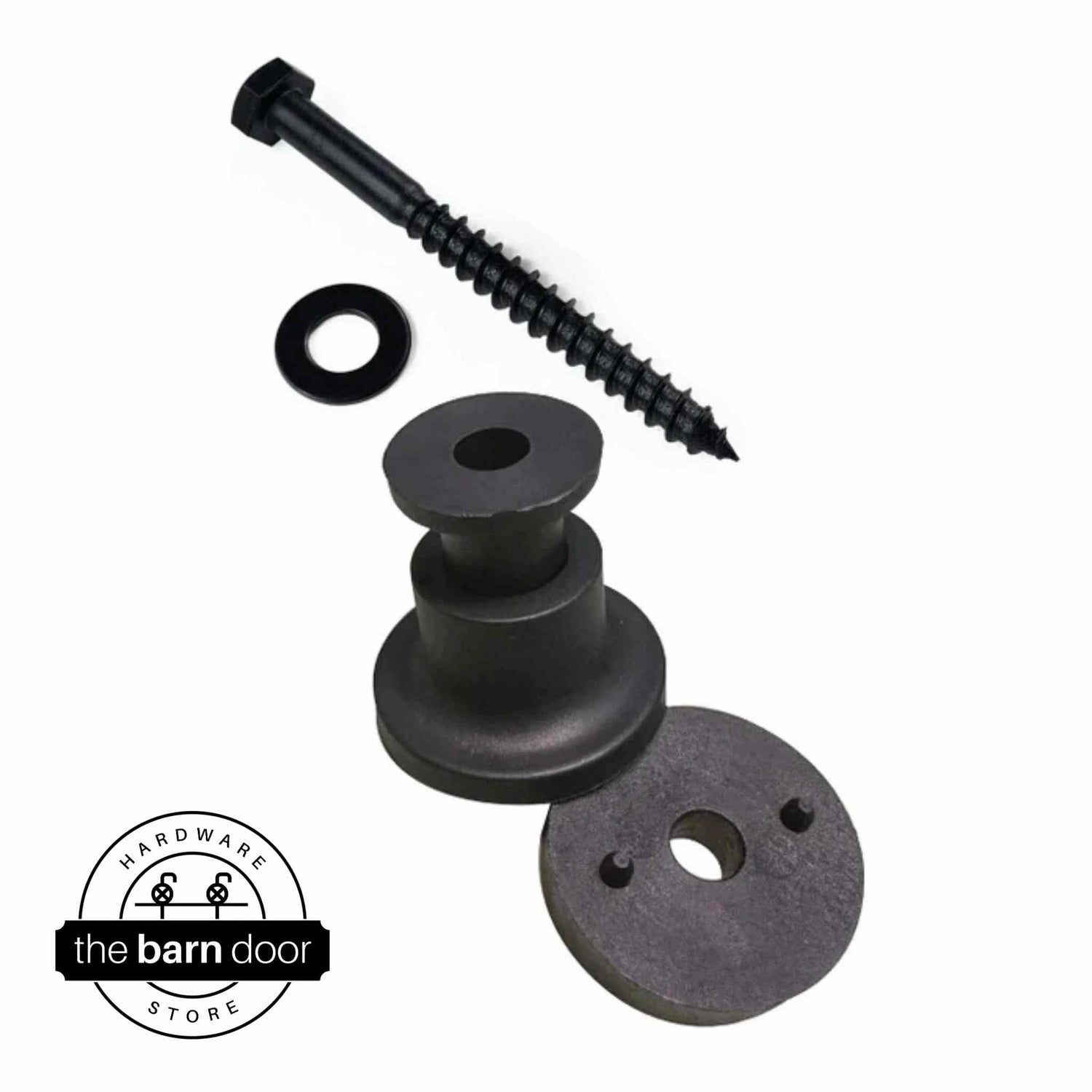 Adjustable barn door stopper set in matte black, including hex bolt, flat washer, cap, and round base plate. By The Barn Door Hardware Store.