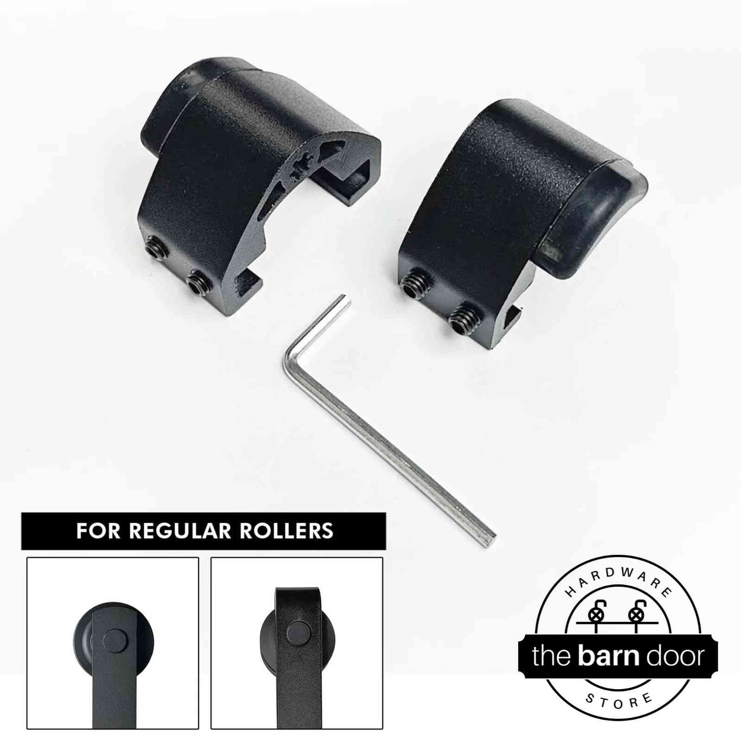 Adjustable barn door track stop set in matte black with two clamps, rubber bumpers, and an allen wrench, for regular rollers. By The Barn Door Hardware Store.
