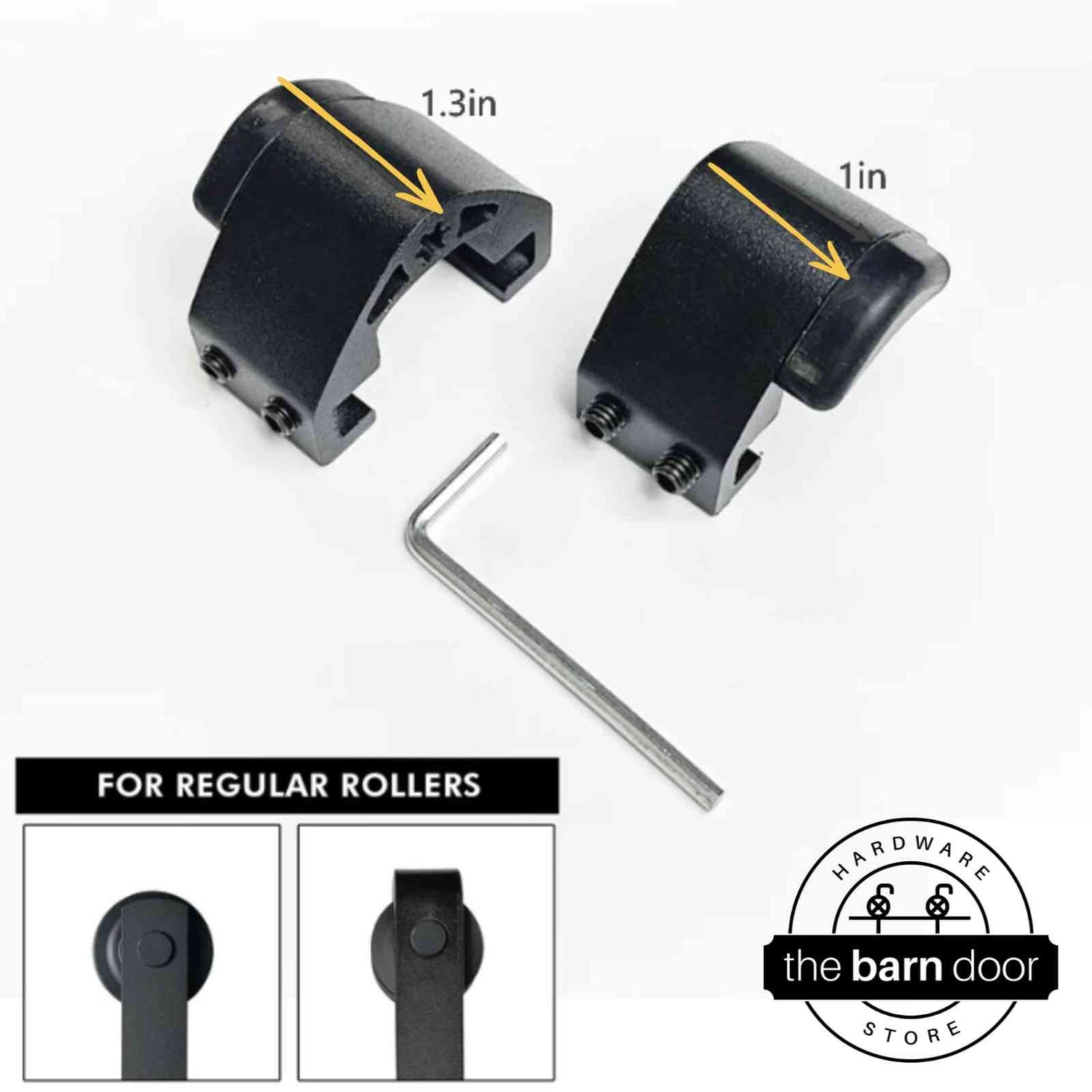 Adjustable barn door track stop set in matte black with two clamps, rubber bumpers, and an allen wrench shown with size callouts, for regular rollers. By The Barn Door Hardware Store.