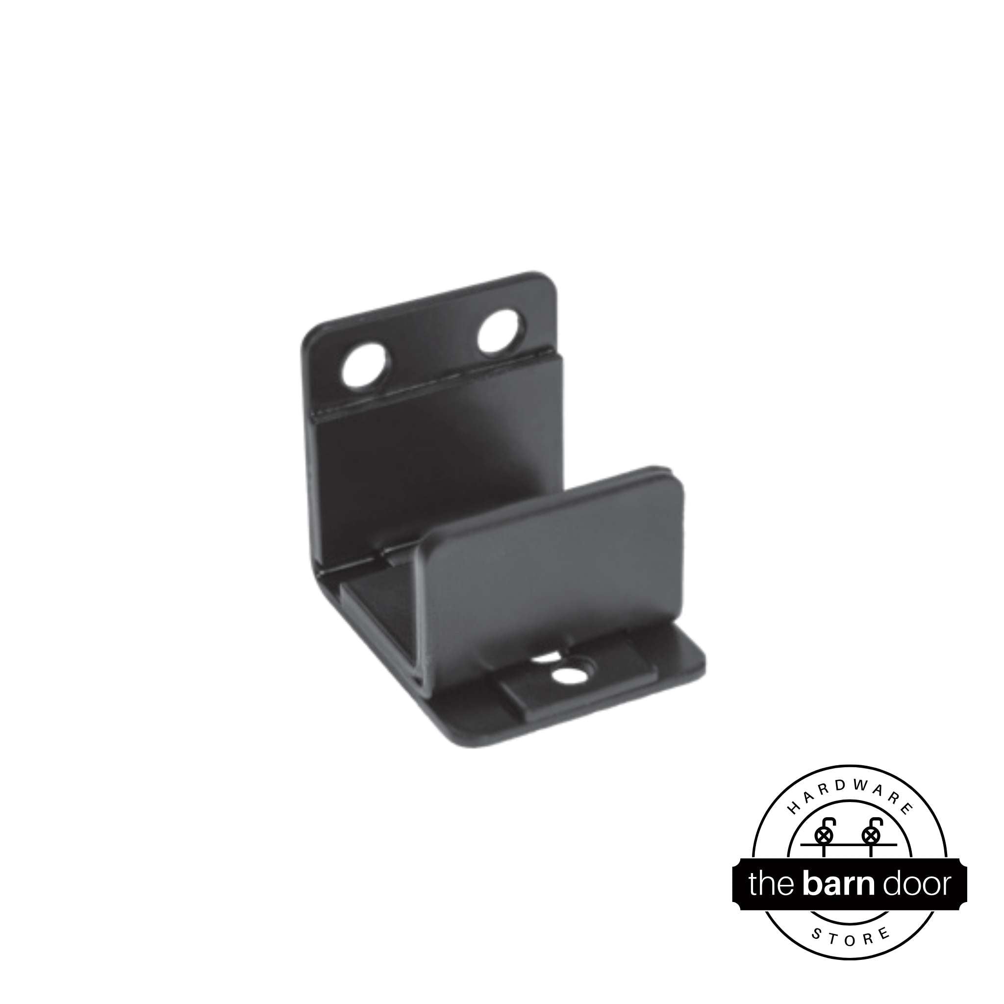 A matte black U-shaped floor guide with a side plate.