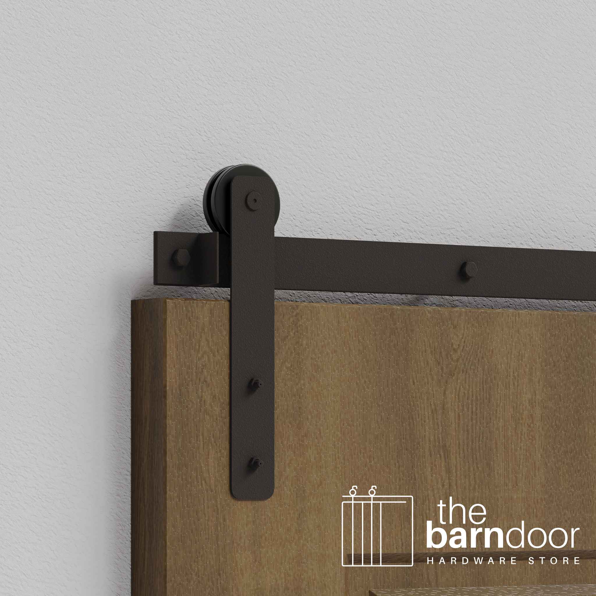 Close-up of Arch Bronze Straight Strap Single Track barn door hardware installed on a wooden door panel.