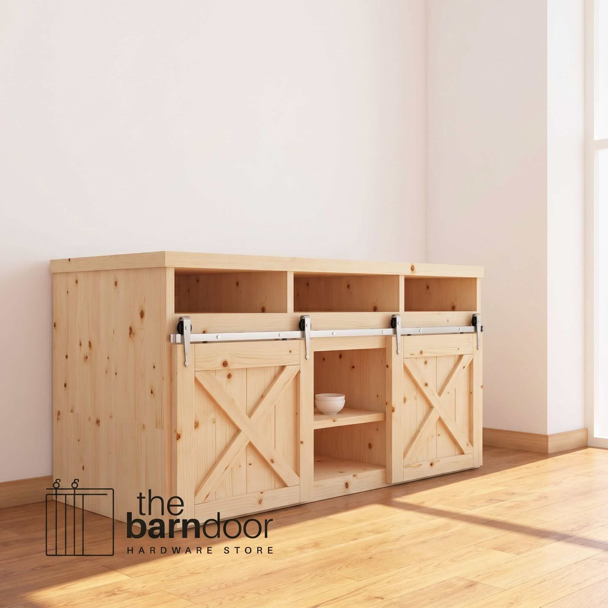 Arrow cabinet barn door hardware kit in a brushed nickel finish, mounted on a small cabinet door.