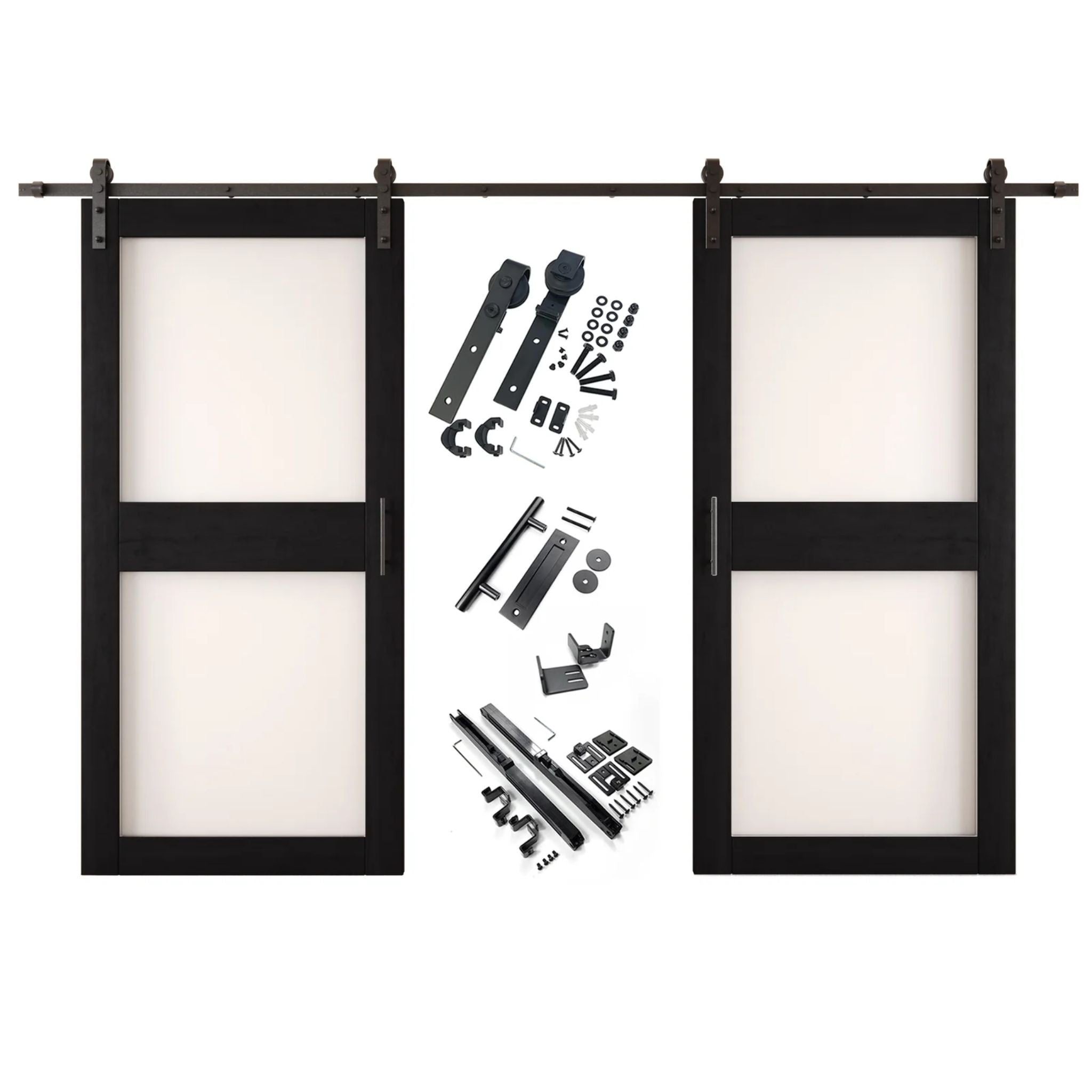 Black barn door hardware set with two wooden sliding glass panel doors on a white background