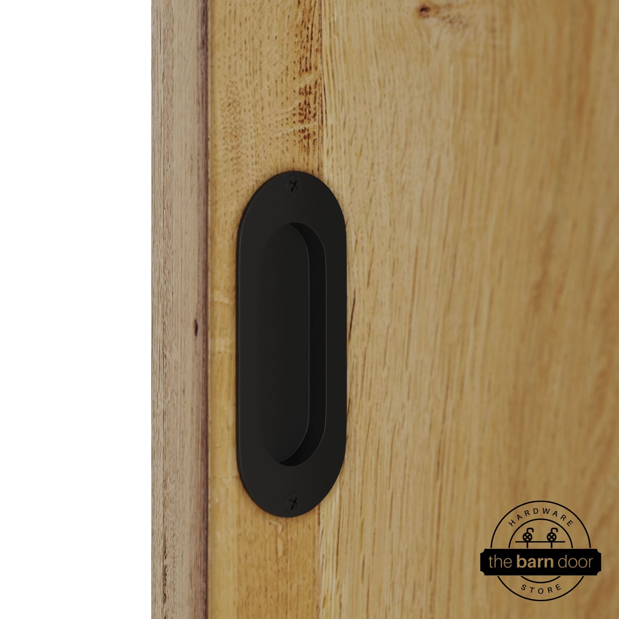 Wooden door with a black flush pull handle.