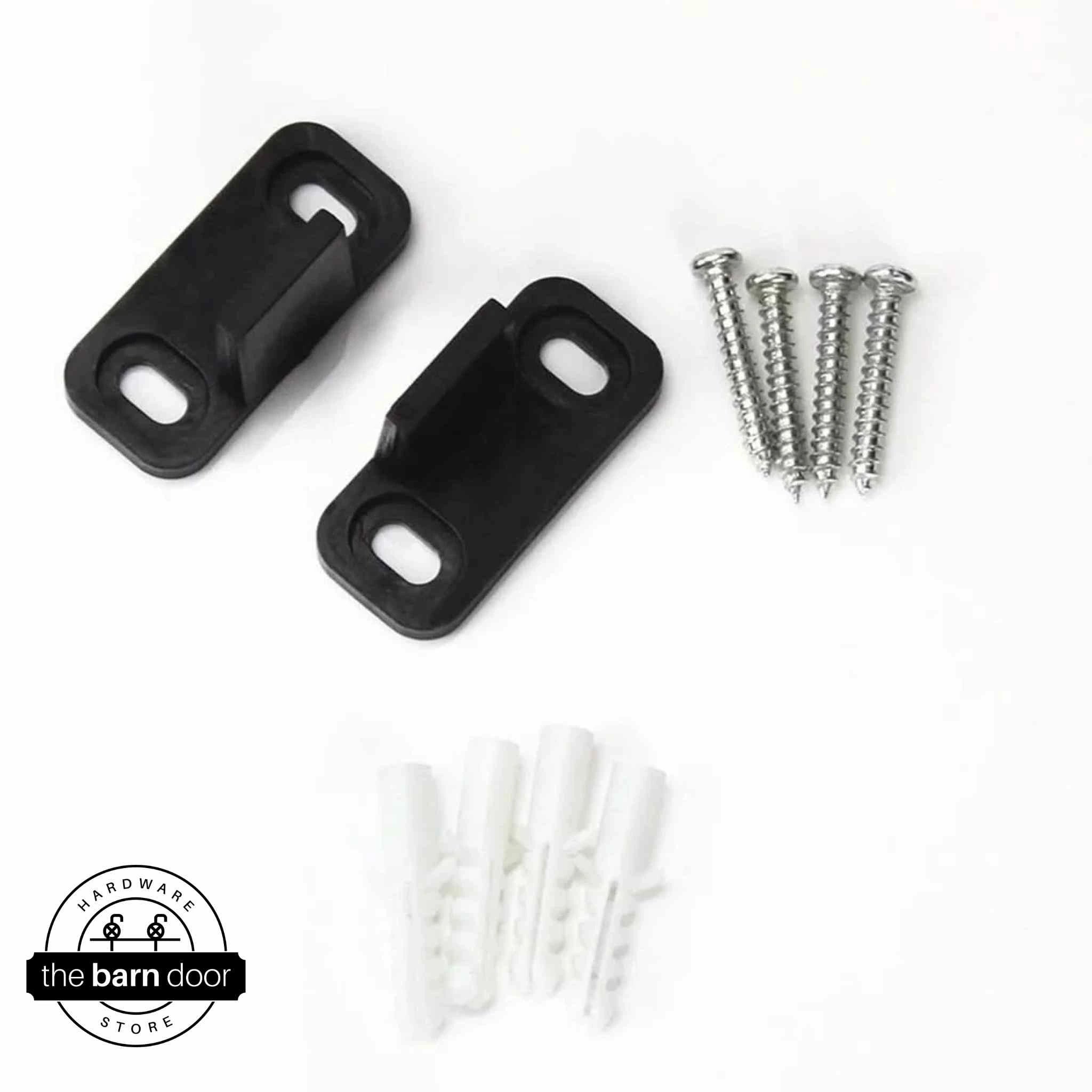 Black double clip barn door floor guide set contents including two floor clips, four silver wood screws, and four white anchors