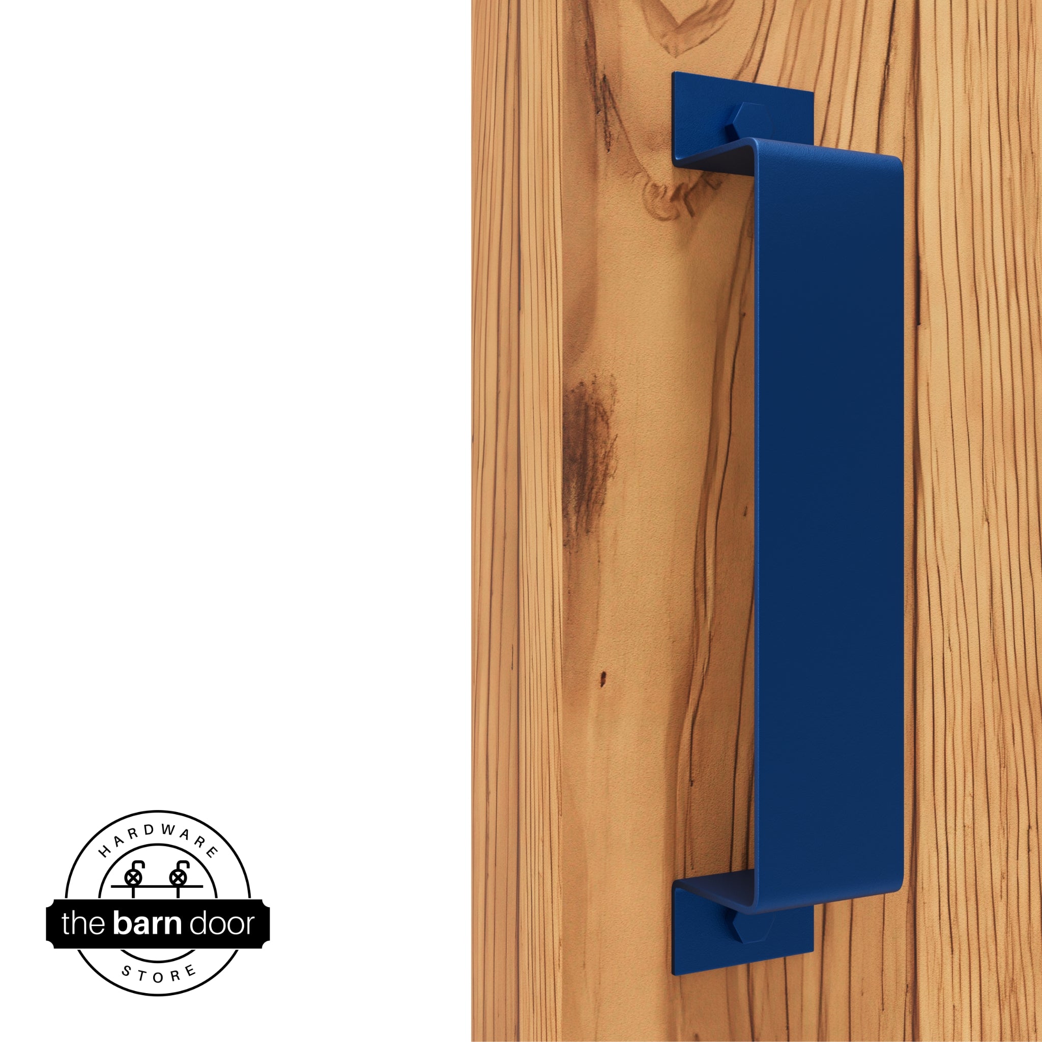 A blue, arch-shaped barn door handle is mounted on a light-colored wooden door with a vertical grain pattern.