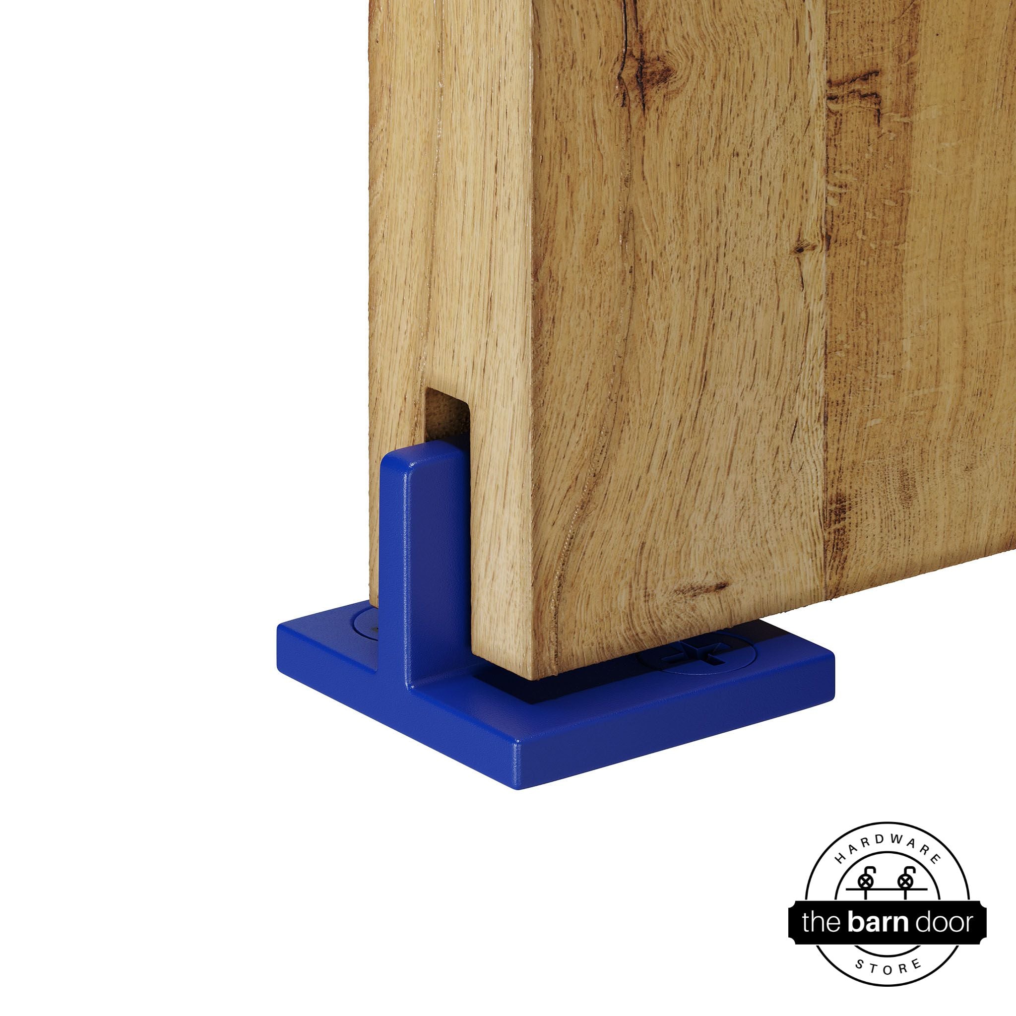 Blue Goldberg Brothers T-Guide attached to a wooden barn door