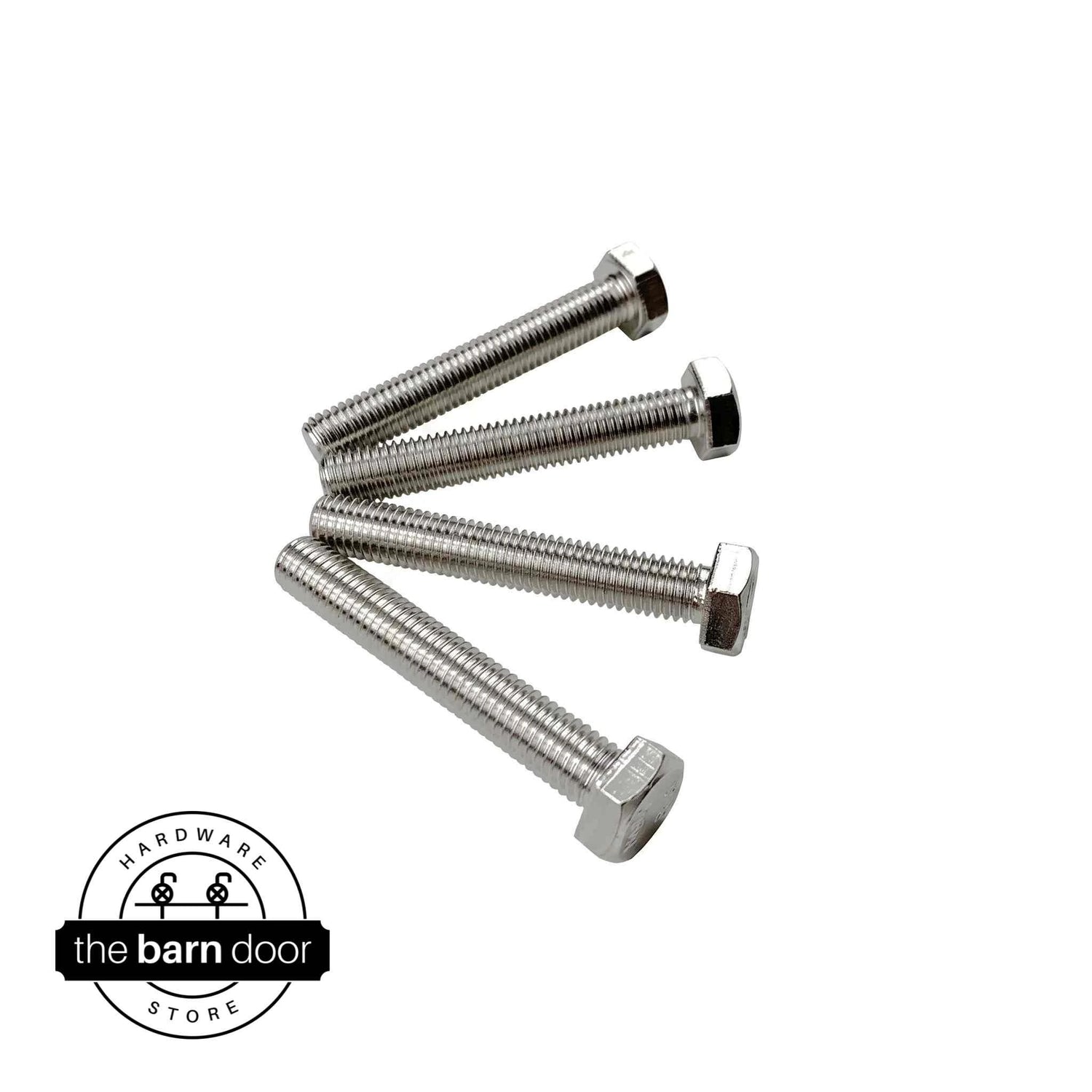 Brushed nickel hex bolts for barn door hardware.