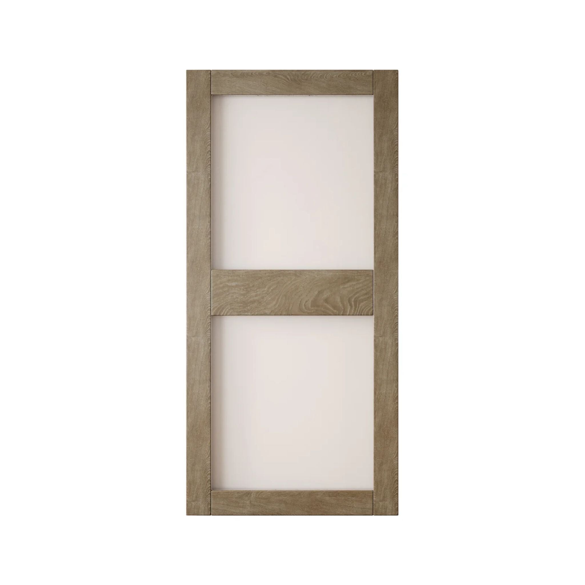 Wooden barn door with glass panel on a white background