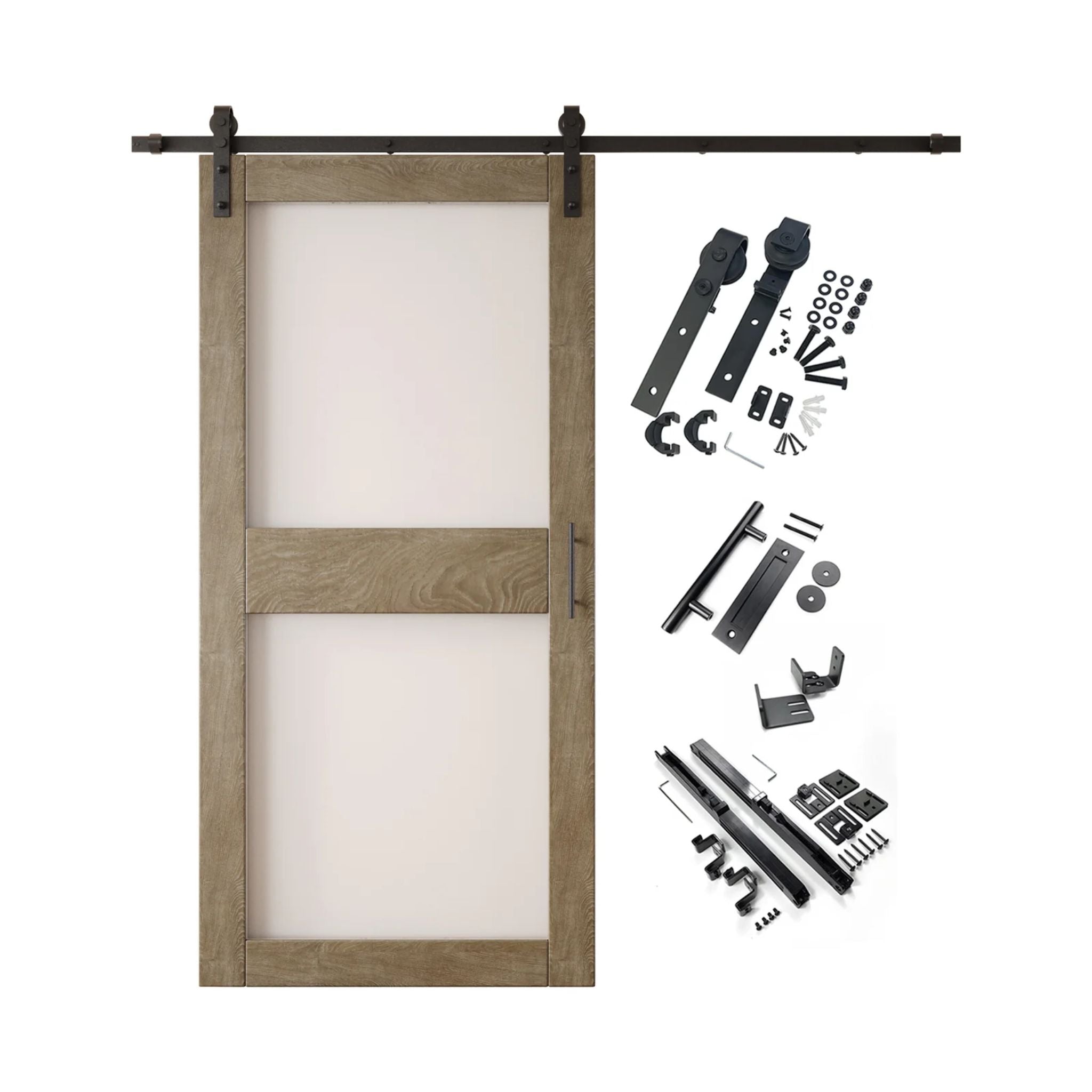 Classic Gray 2-panel barn door kit with wooden door and hardware components on a white background