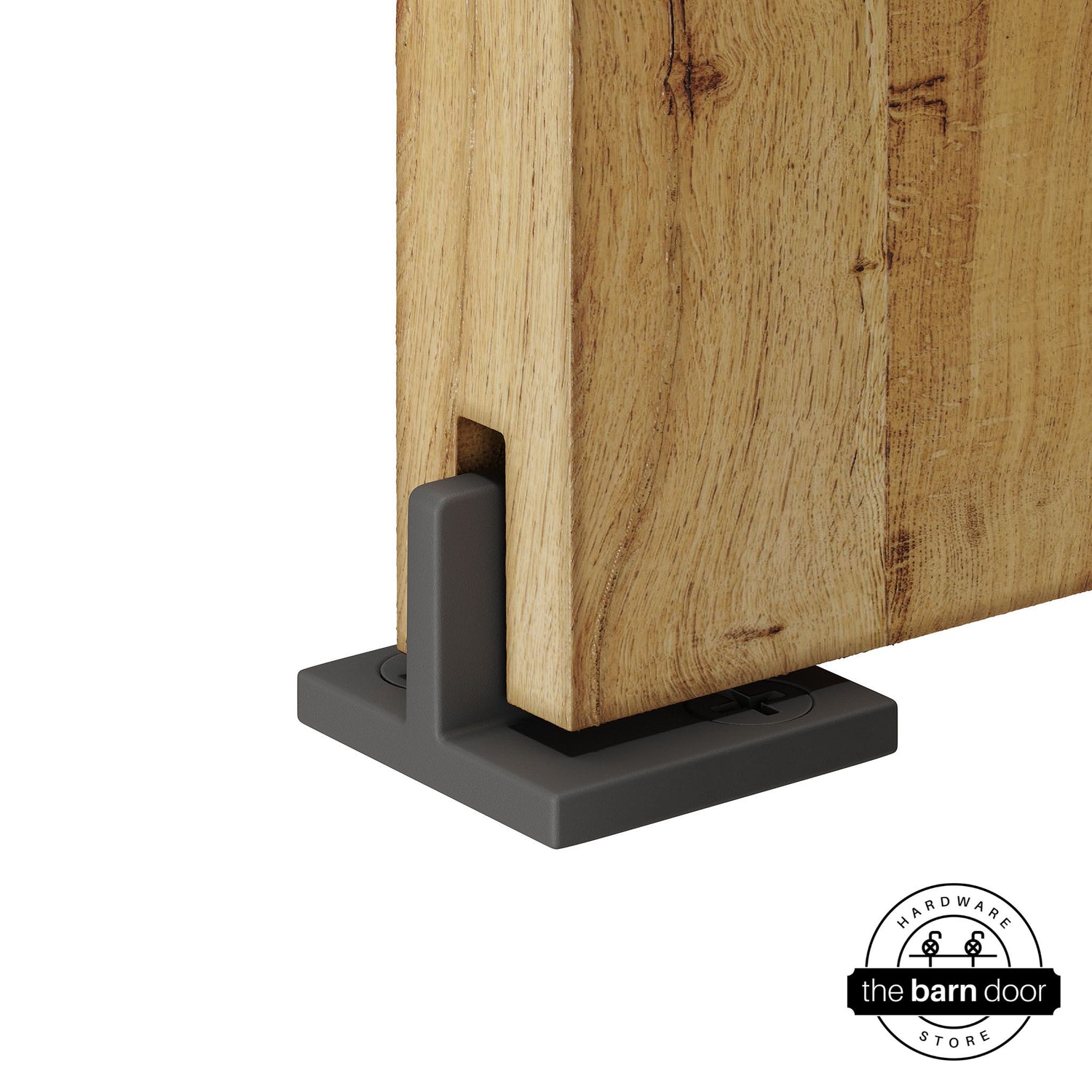 Dark Gray Goldberg Brothers T-Guide attached to a wooden barn door