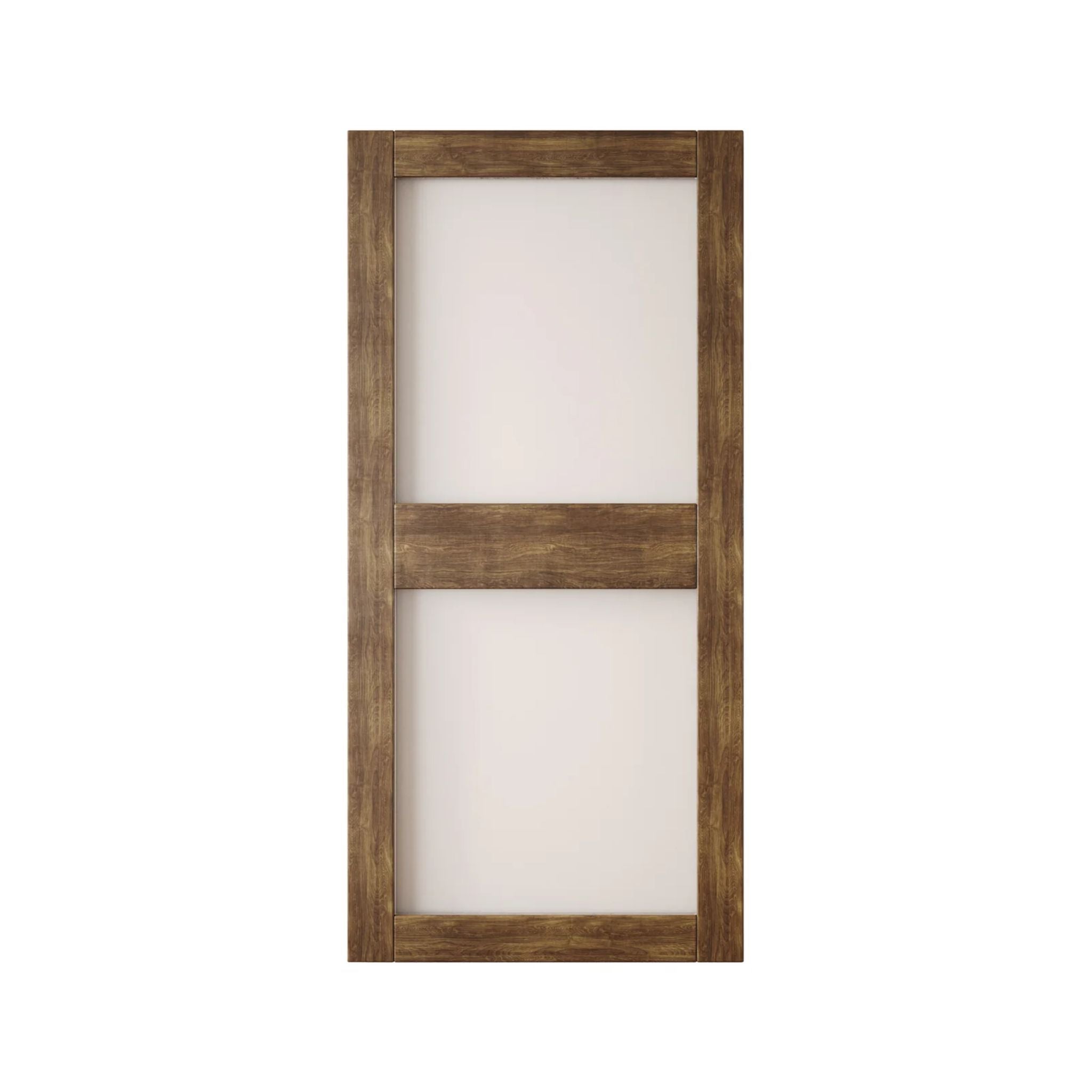 Wooden barn door with glass panels on a white background