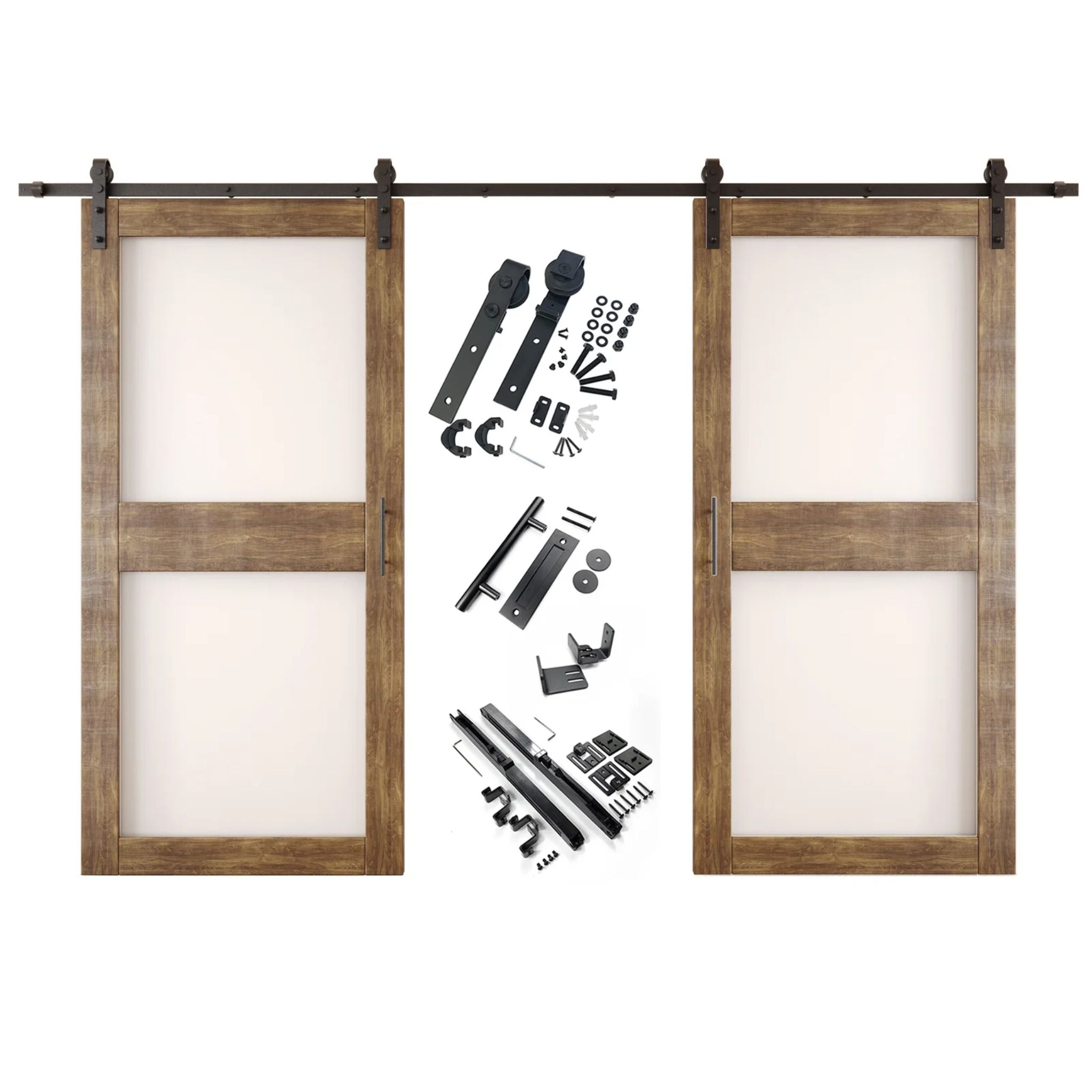 Dark walnut barn door hardware set with two wooden sliding glass panel doors on a white background
