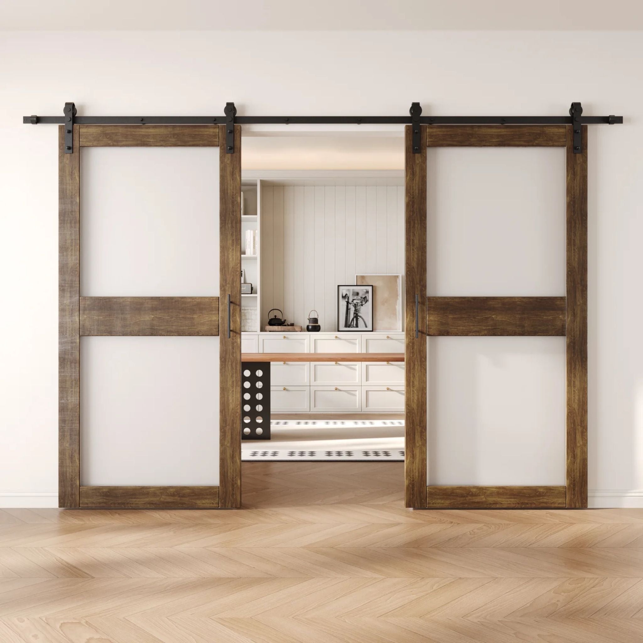 Dark walnut wooden sliding glass panel barn doors with black hardware in a modern interior setting.