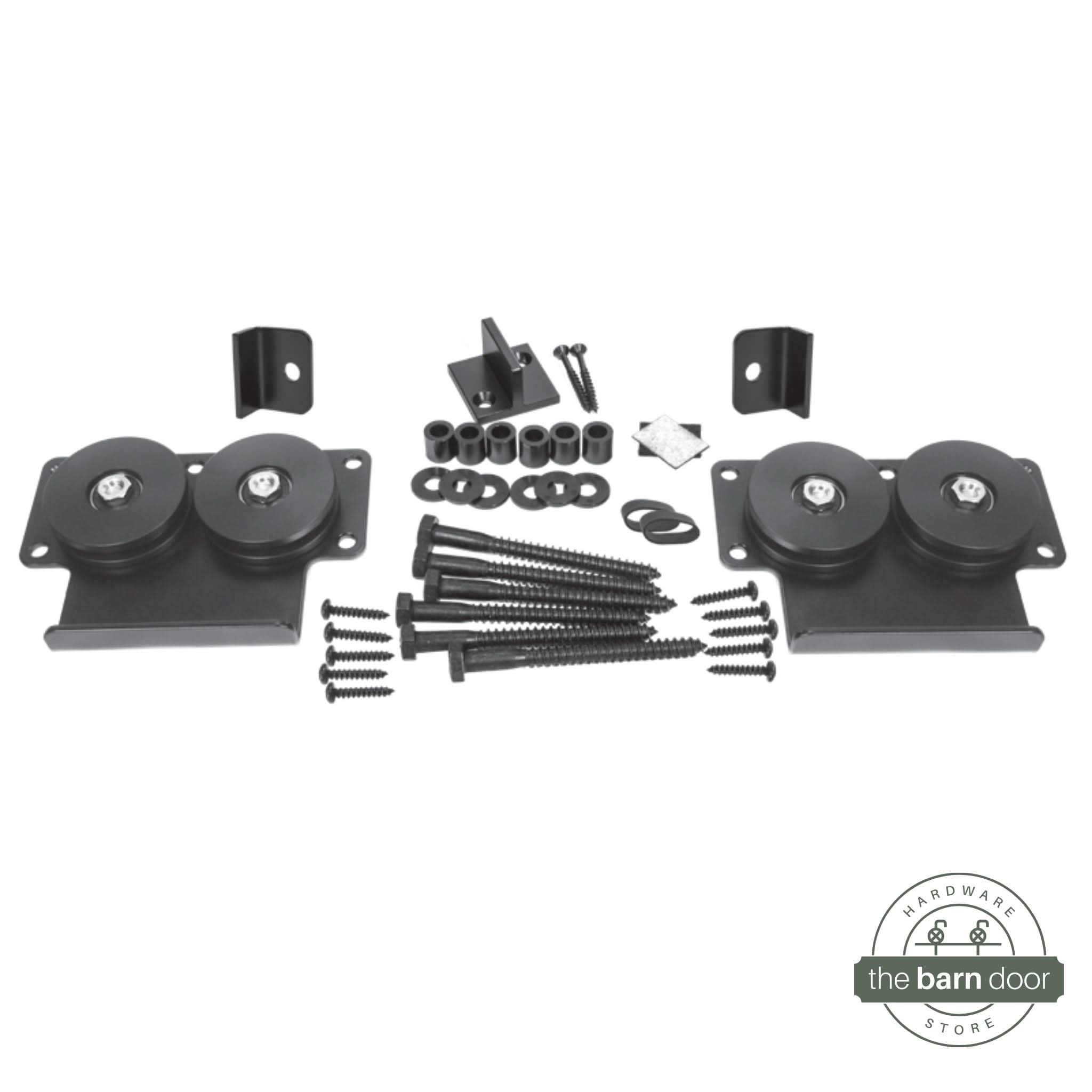 A lay-flat view of the dual-wheel Goldberg Brothers hardware kit, showing the robust roller assemblies used for our invisible barn door hardware.