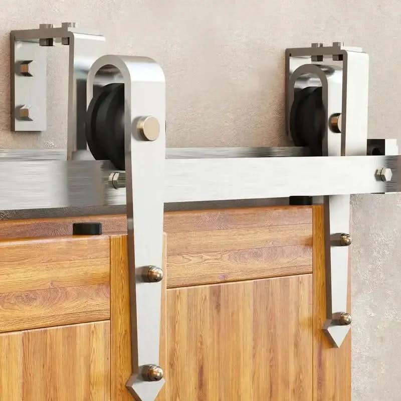 Arrow Shaped Brushed Nickel Double Track Bypass Barn Door Hardware Kit