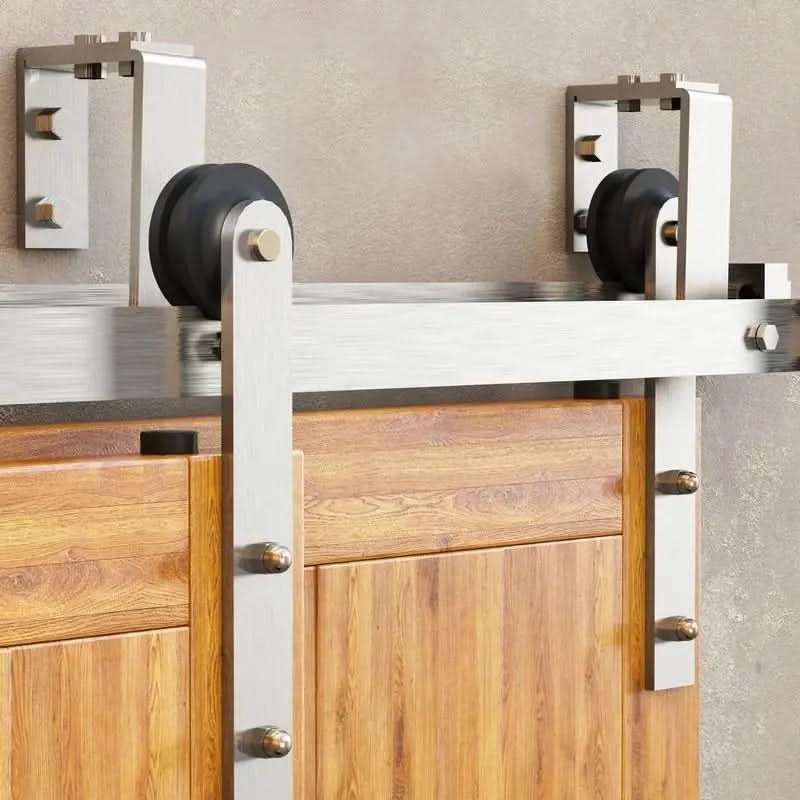Straight Brushed Nickel Double Track Bypass Barn Door Hardware Kit