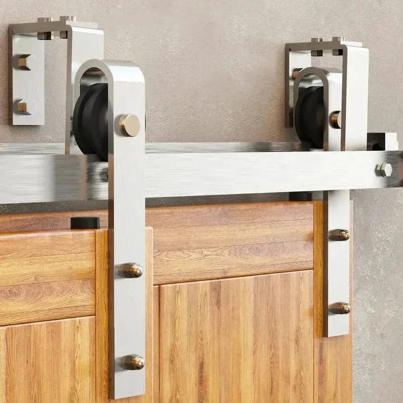 Classic Brushed Nickel Double Track Bypass Barn Door Hardware Kit